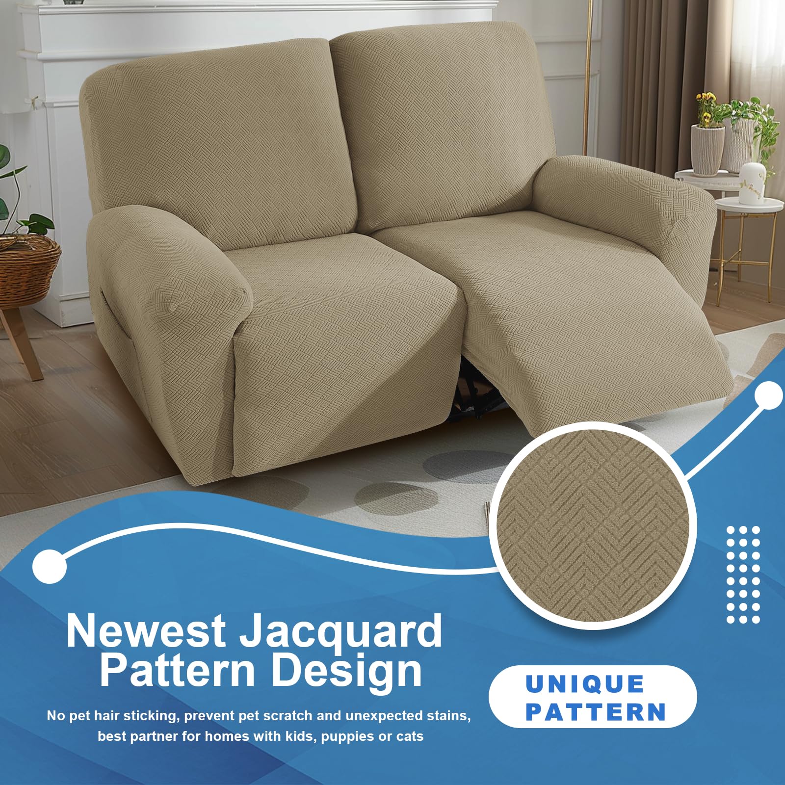 JIVINER Loveseat - Fodera per poltrona reclinabile, 4 pezzi, per divano reclinabile, 2 cuscini, copridivano Jacquard di recente protezione per mobili con tasche laterali (cachi, 2 posti)