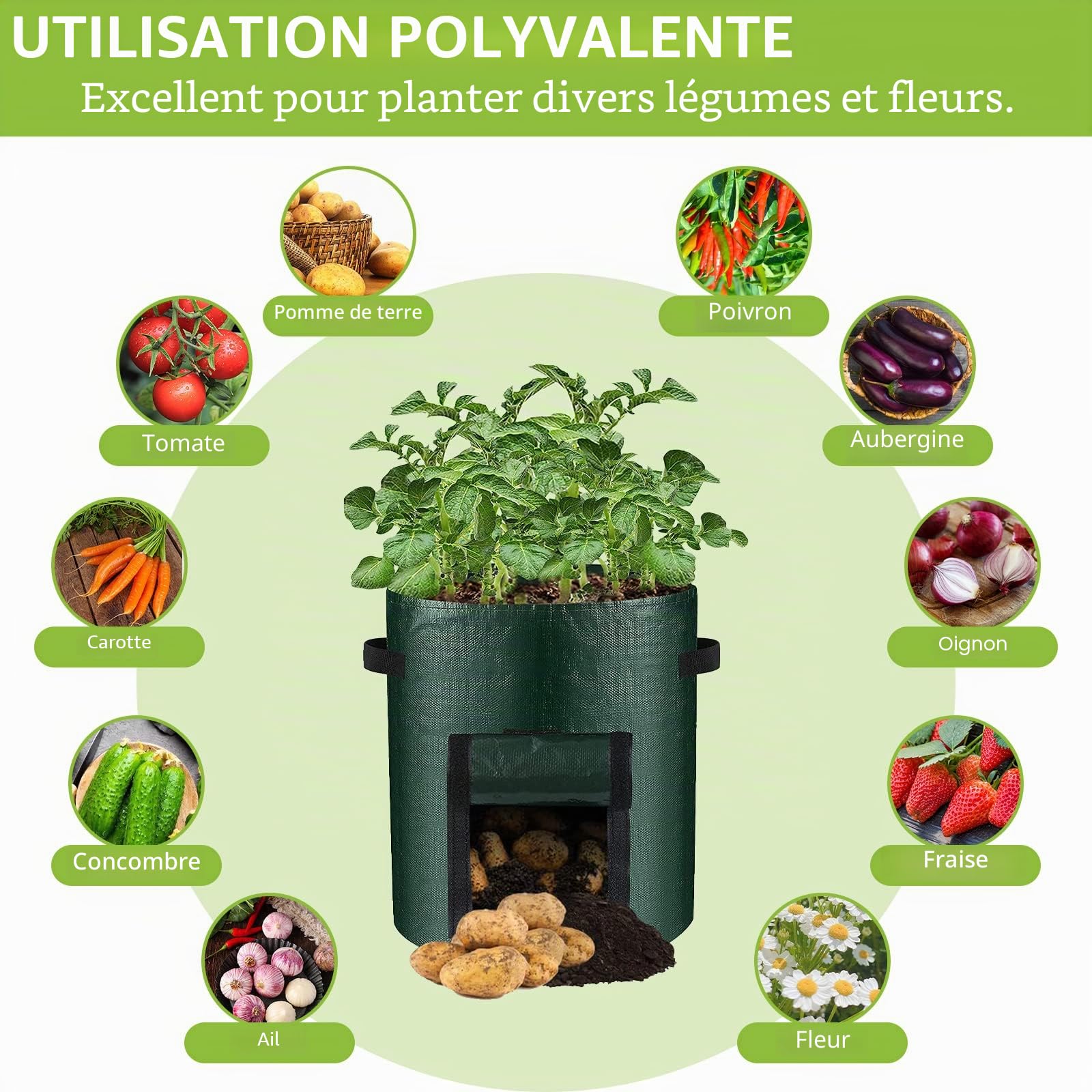 LITLANDSTAR Lot de 6 sacs de culture de pommes de terre, sacs de culture de 57 litres sacs de plantation de jardin avec fenêtres à rabat et poignées, sacs de culture de légumes pour pommes de terre