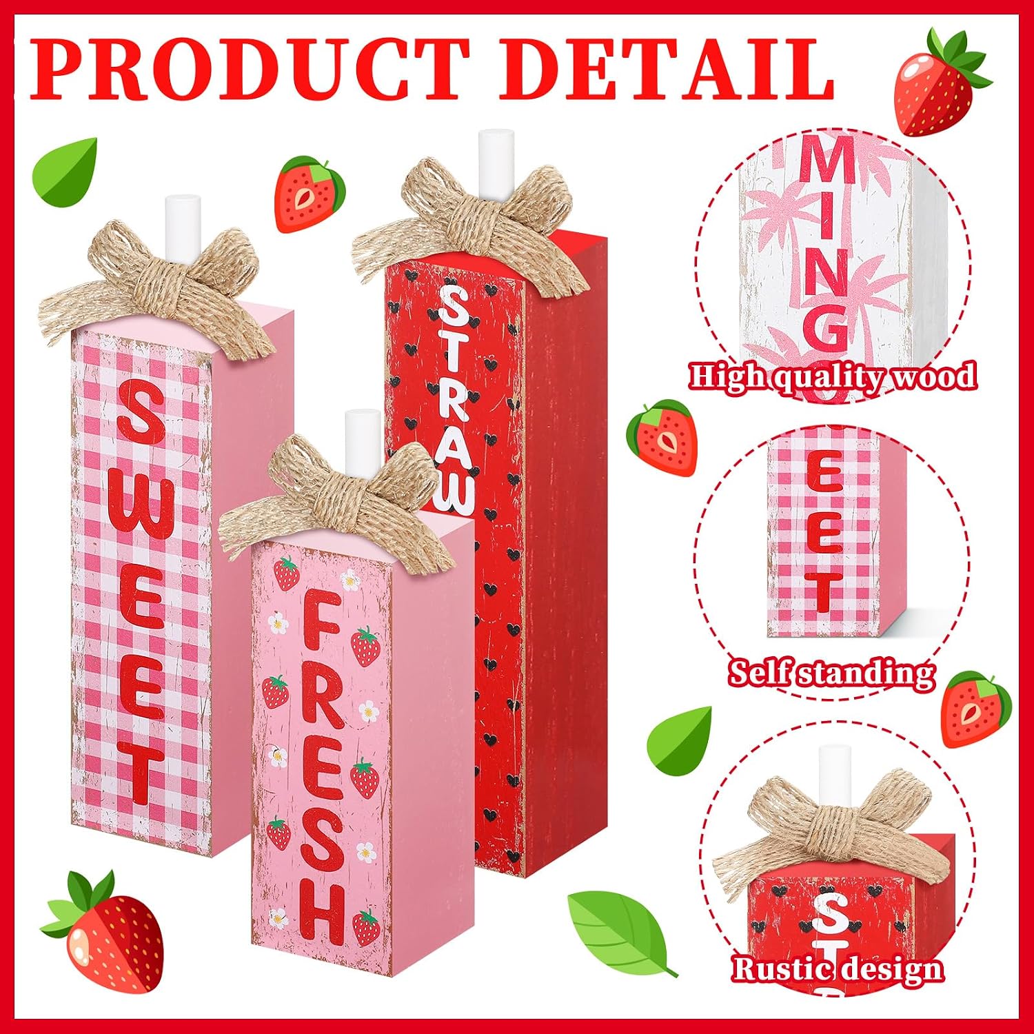 Miniinflat 3 Pcs Wooden Strawberry Table Decor Fresh Sweet Strawberry Block Sign Rustic Farmhouse Summer Tabletop Centerpiece Strawberries Stand Tiered Tray Decor for Kitchen Home Shelf Office House
