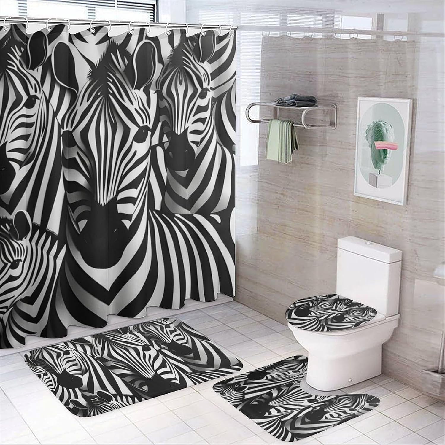 4Pcs Black White Art Animal Shower Curtain Sets, 4pcs Cartoon Abstract Zebra Shower Curtains for Bathroom with Rugs, Toilet Lid Cover, Bath Mat, 72" x 72"