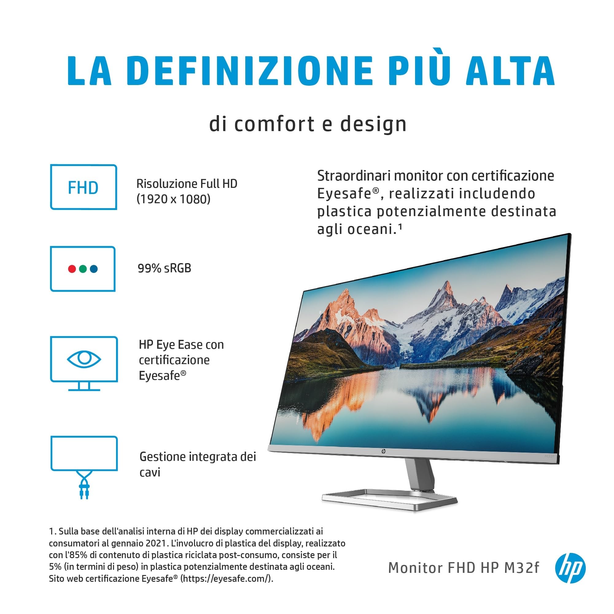 HP M32f Monitor, Display 31.5" Antiriflesso VA FHD Micro-Edge, Risoluzione 1920 x 1080p, AMD FreeSync, Tempo Risposta 7ms Overdrive, Comandi su Schermo, HDMI, VGA, Argento