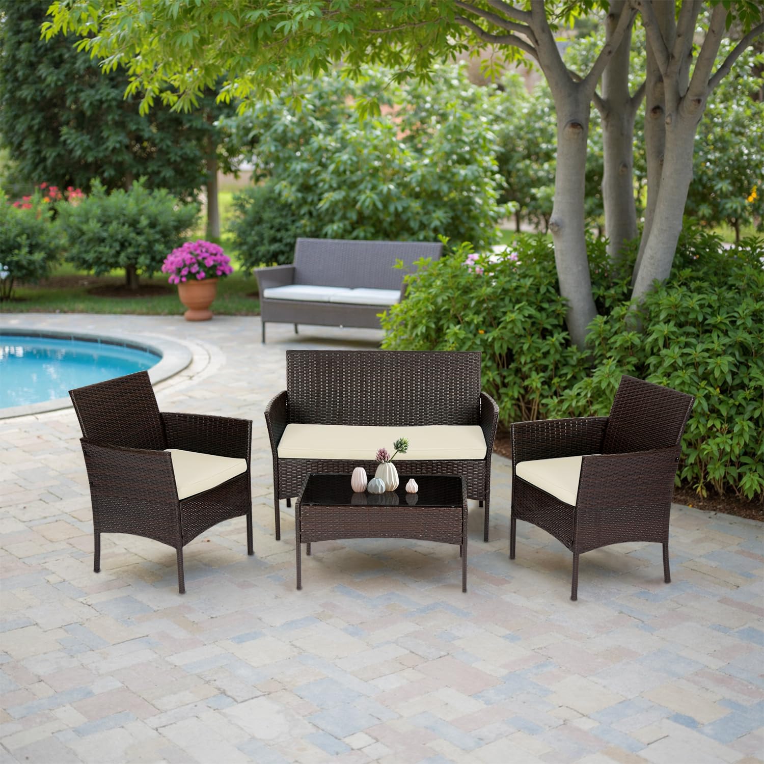 Juego de muebles de ratán para exteriores, juego de 4 piezas para jardín, patio trasero, porche, junto a piscina y balcón, sillones, sofá, mesa de centro, marrón 7