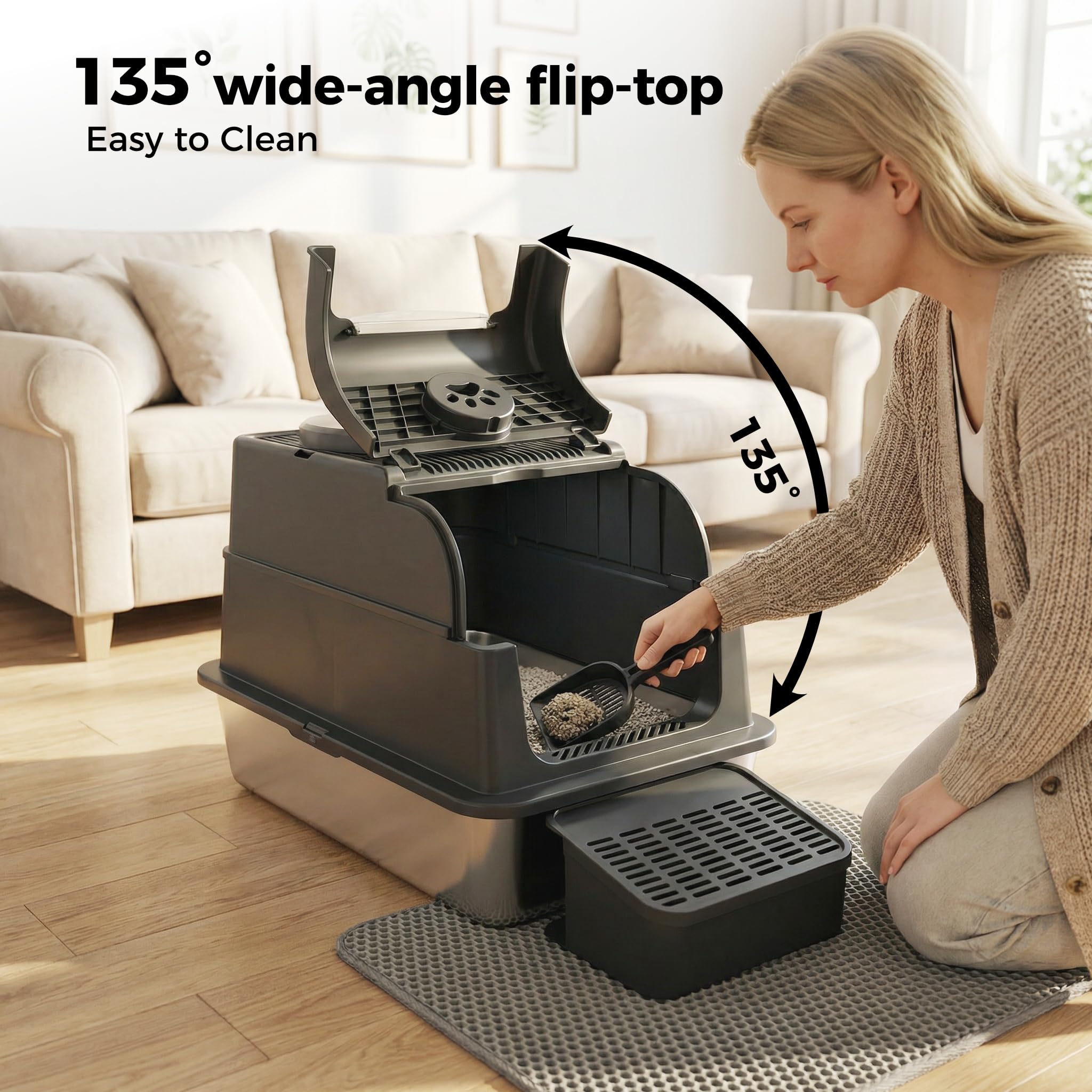 Caja de Arena para Gatos de Acero Inoxidable con Tapa | Bandeja de Arena Cerrada XXL | Sin Olor | Antiadherente | Entrada Frontal y Superior de Doble Puerta | Paso de Pedal de Filtro | Cuchara |
