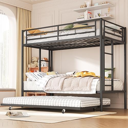 Shintenchi Bunk Bed Twin Over Twins Size with Trundle, Heavy-Duty Frame with Full-Length Guardrail and Two Ladders, Triple for Kids, Teens and Adults, Space-Saving, Black
