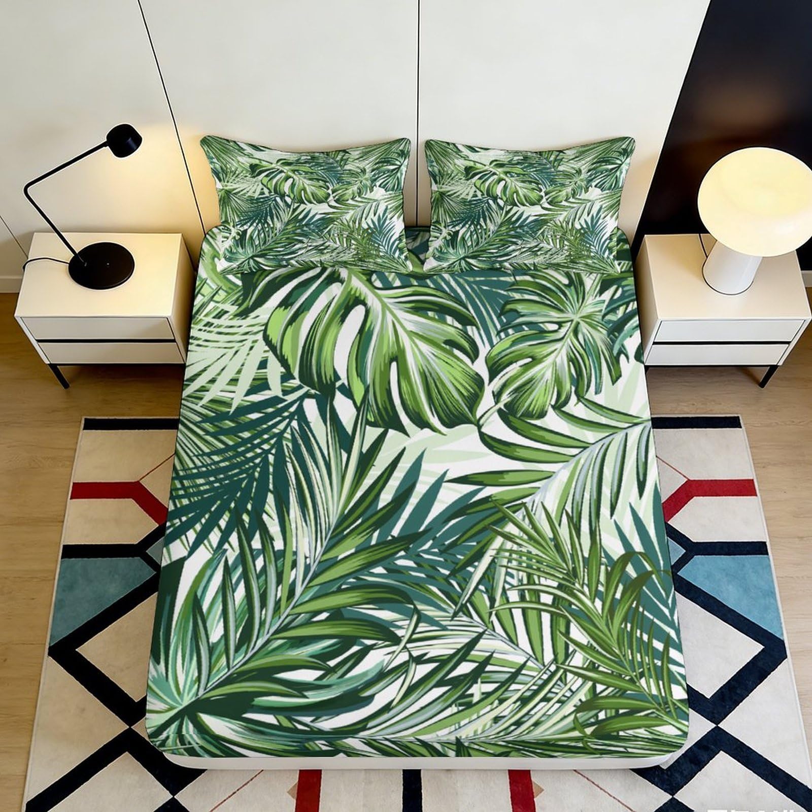 3D Printed Tropical Palm Leaf Fitted Sheet Microfiber Green Botanical Jungle Mattress Cover Bedroom Decor 90x200x25cm