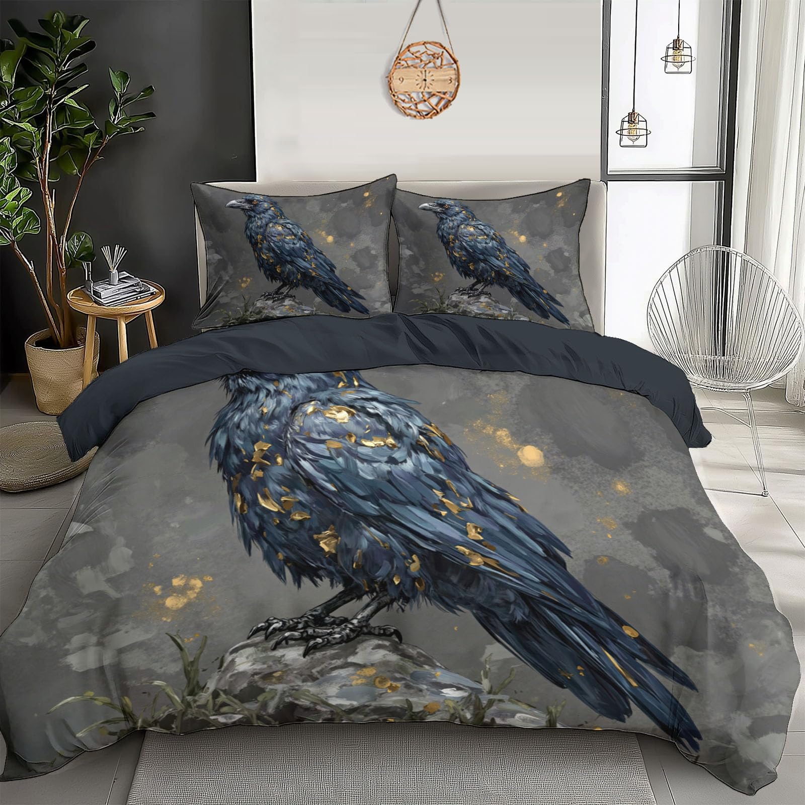 Parure de lit corbeau feuille d'or 240x260cm éclaboussure abstraite enfant