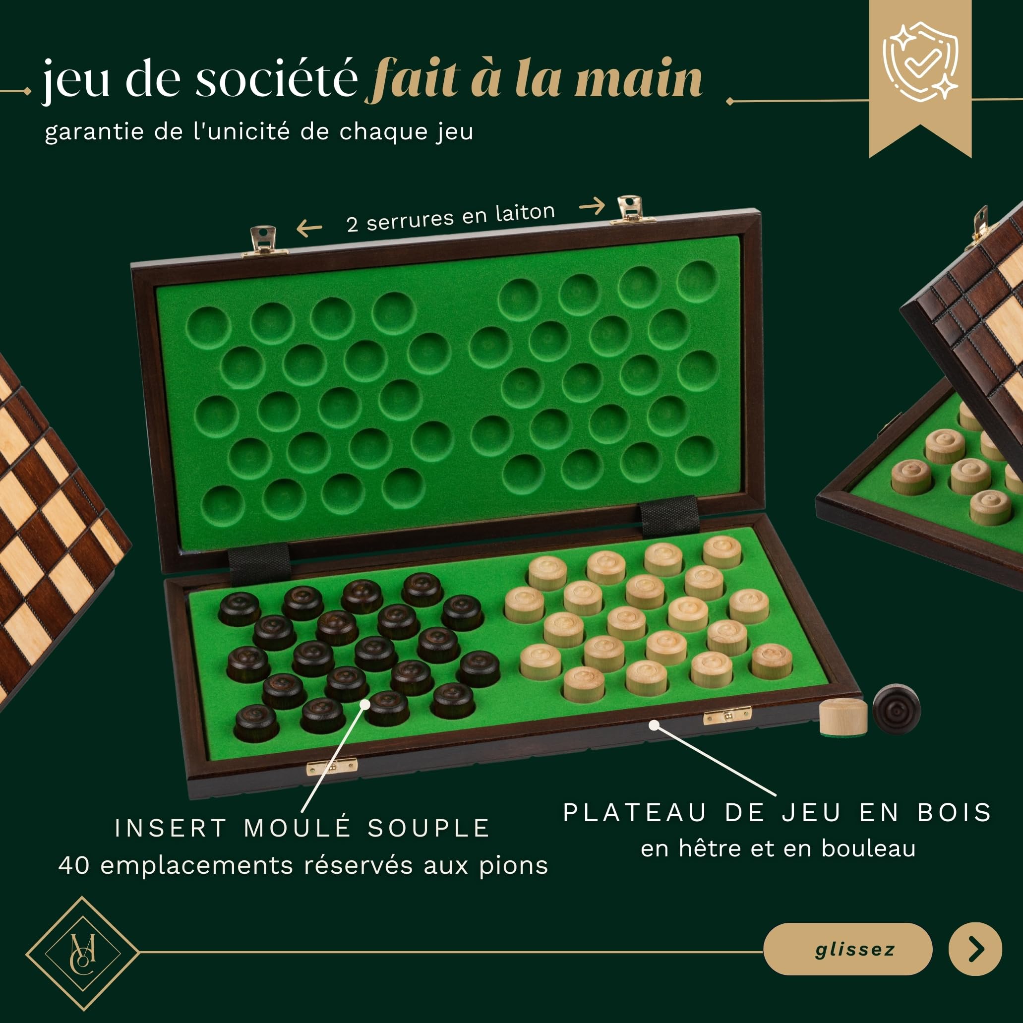 Master of Chess Dames Bois et avec Pieces 39 cm - Fait Main Jeu de Dame Voyage Pliable - Grand Jeux de Dame pour Enfants et Adultes - Pions en Bois de Charme