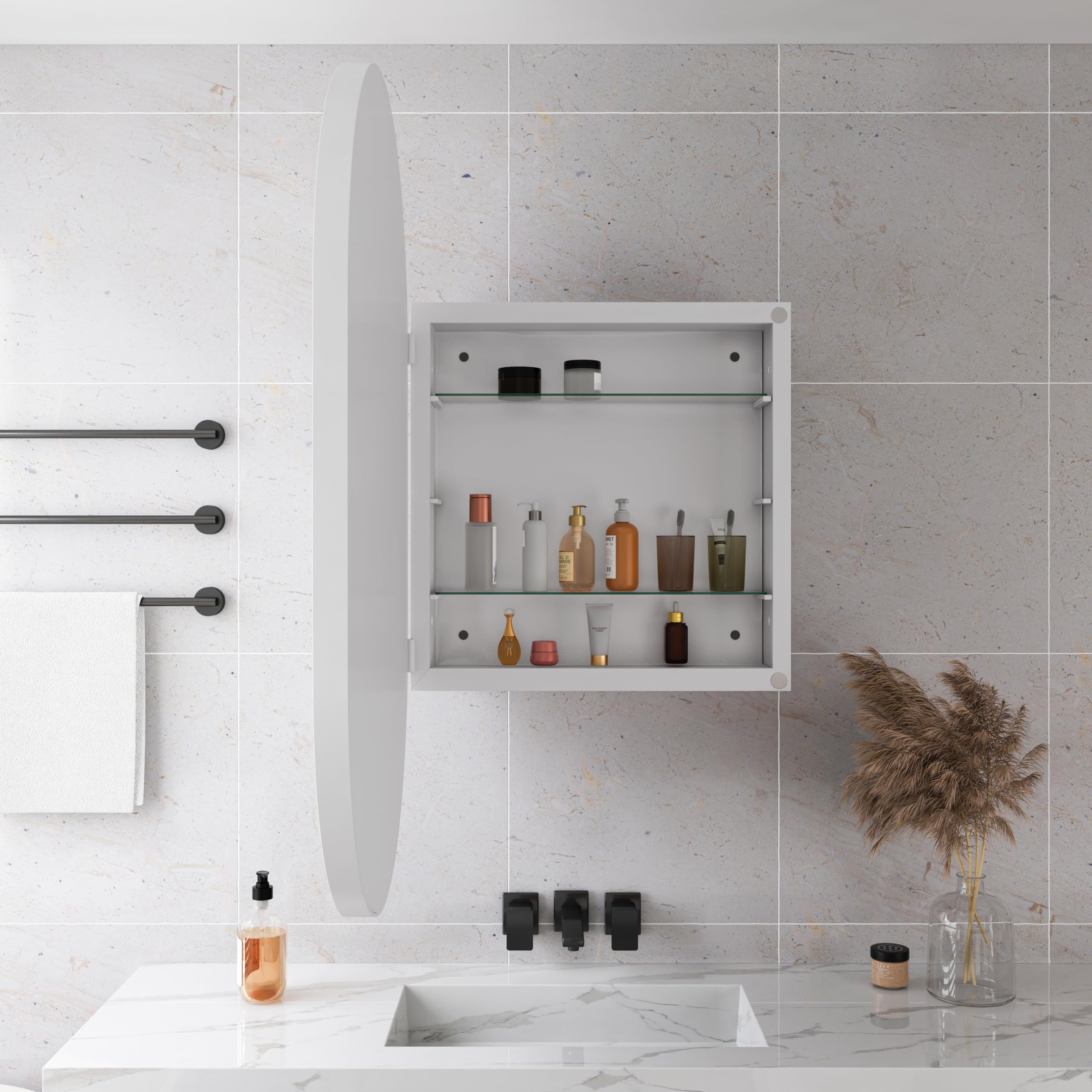 Mobile Specchio Ovale con Metallo, Armadietto da Incasso con Ripiani Regolabili e Cornice in Metallo, Specchio con Contenitore da Parete, Bianco, 85 x 51.5 x 12 cm