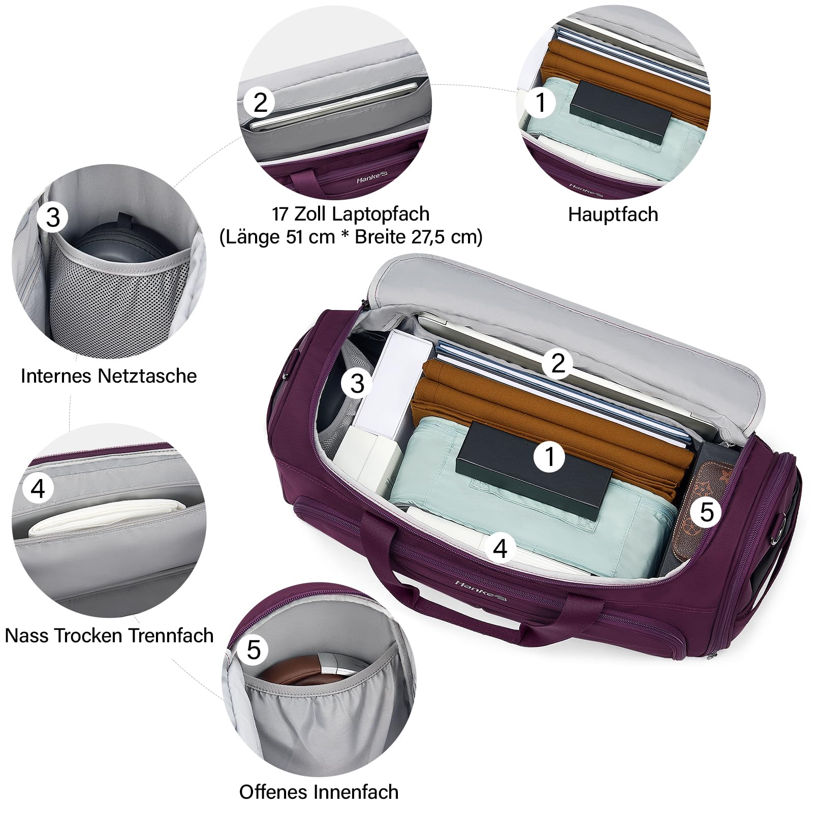 Hanke 36.5L Faltbare Reisetasche Leichte wasserdichte Handgepäck Tasche Sporttasche Damen Carry on Luggage Cabin Bag Gym Bag Travel Bag für Herren Damen, Lila