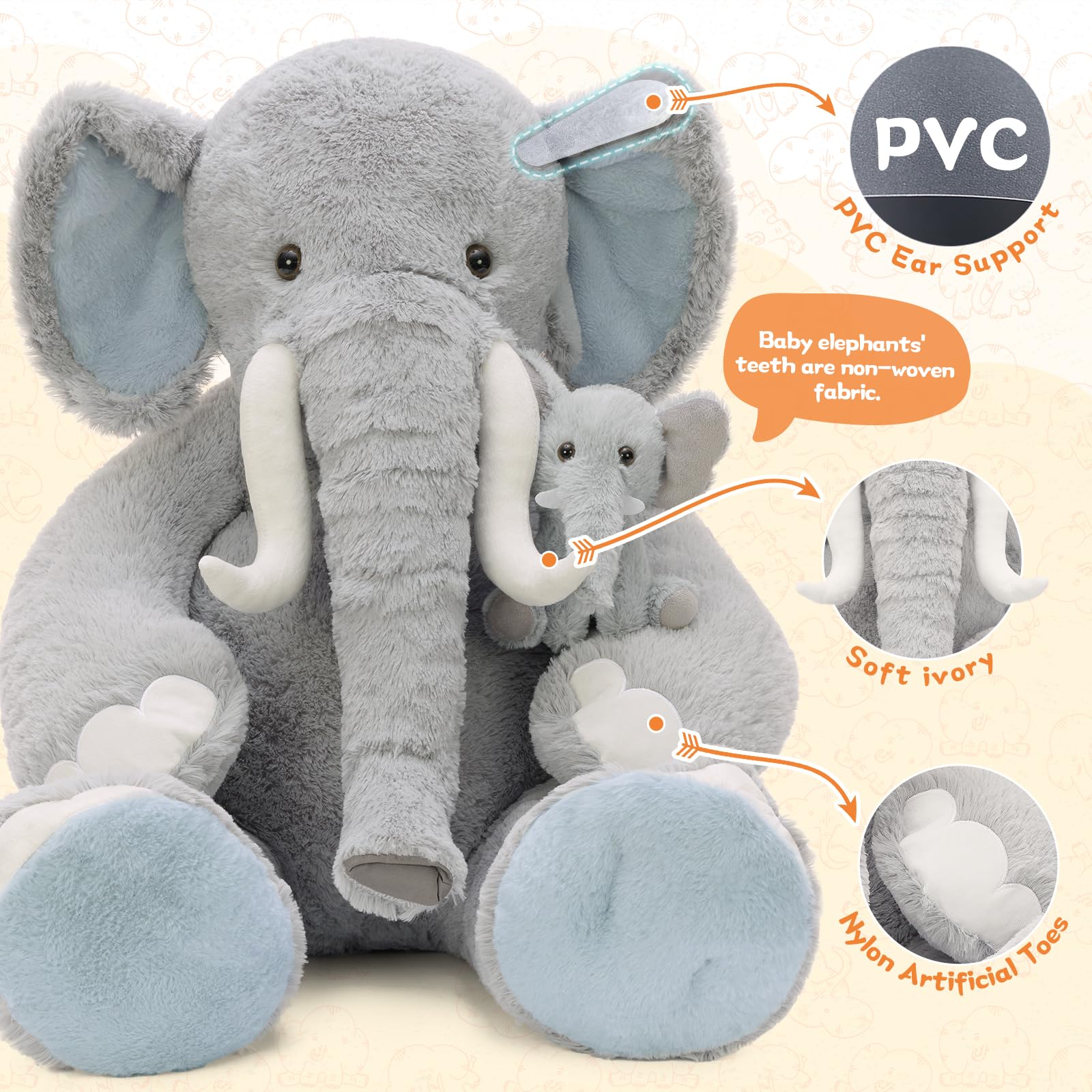 MorisMos XXL Elefante Peluche Gigante, 100cm Realistico Grigio Elefante Grande, Kawaii Morbido Animali di Peluche Regalo per Fidanzate Bambini Compleanno Natale Deco