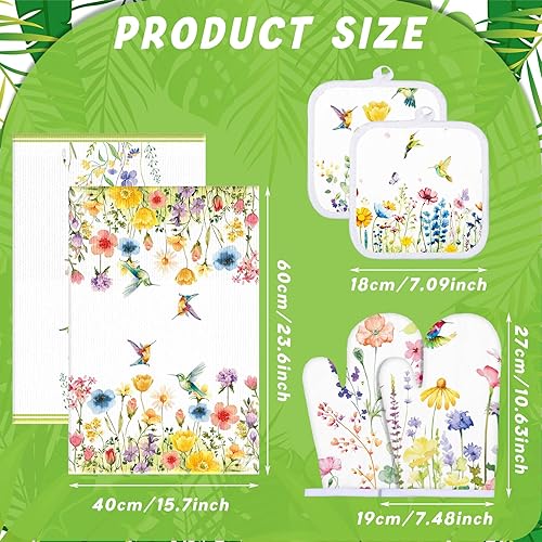 Miniatura 3 de Manoplas de horno y soportes para ollas, juego de toallas de cocina con diseño de colibrí de primavera, toallas de cocina y paños de cocina para