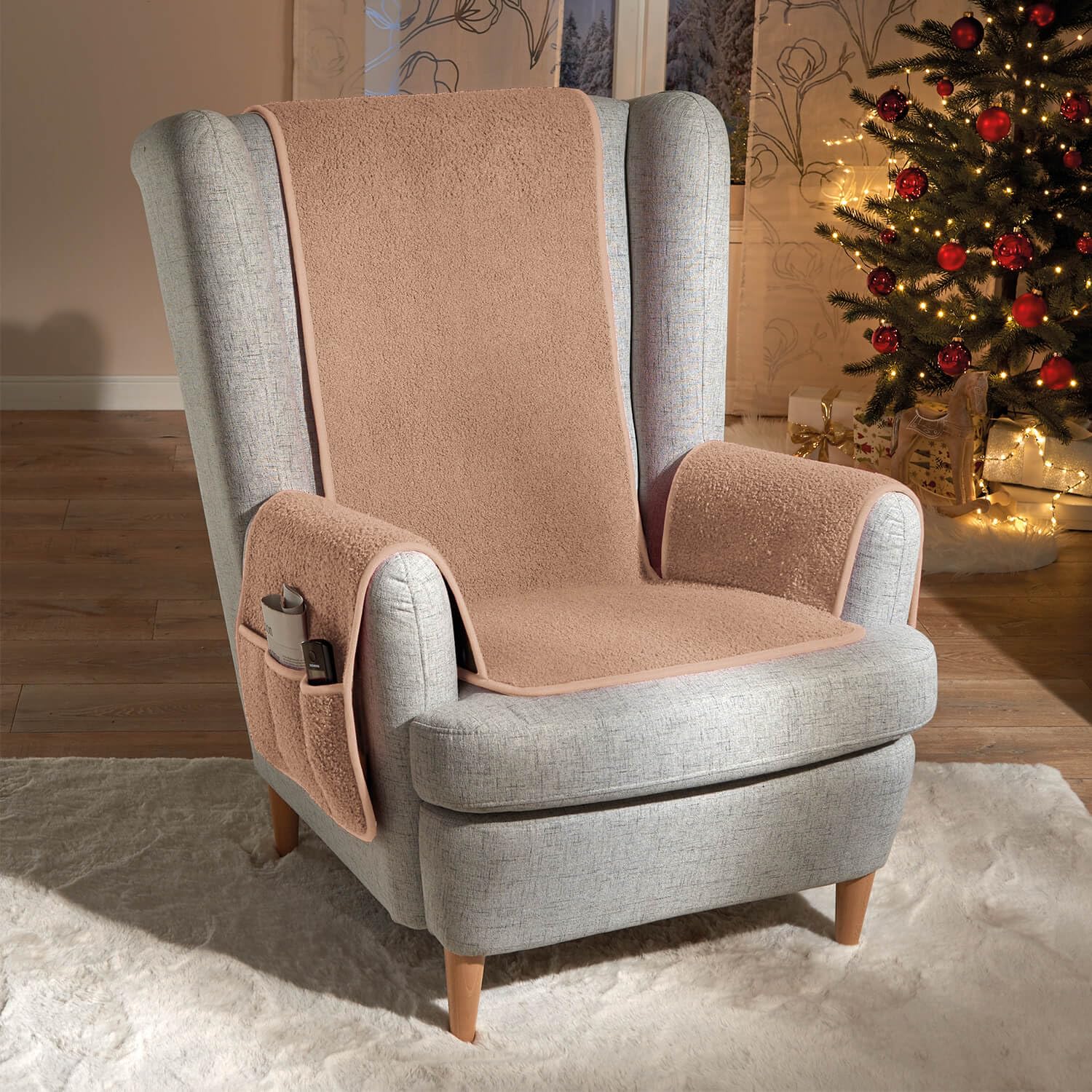 Coopers of Stortford Sherpa Fleece Non-Slip Armchair Protector With Side Pockets | Beige Or Burgundy (Beige)