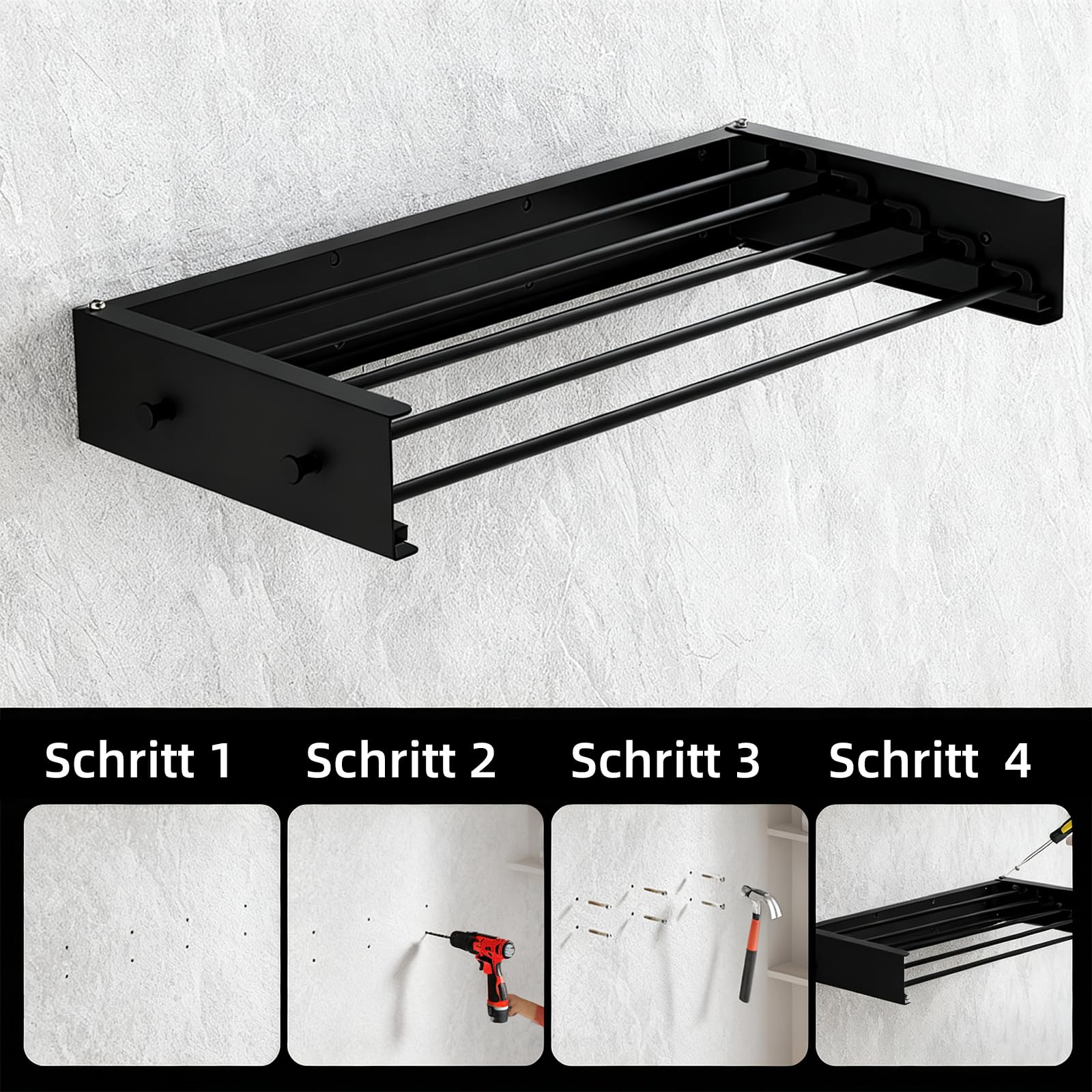 Stendibiancheria da parete con 4 aste, da 50 cm, allungabile, pieghevole, in acciaio al carbonio, salvaspazio, per bagno, balcone, terrazza (nero con gancio)