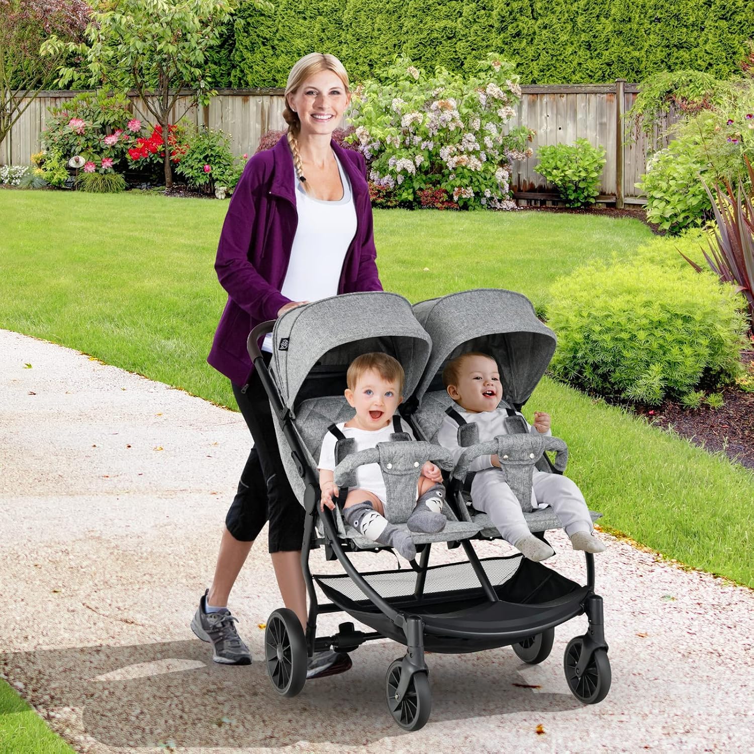 GOPLUS Carrito Bebe Gemelos, Cochecito Doble Plegable con Respaldo y Reposapiés Ajustables, Toldo, Cesta y Cinturón de Seguridad, Silla de Paseo Gemelar Carga 22 kg, Bebés de 0-3 Años (Gris Claro)