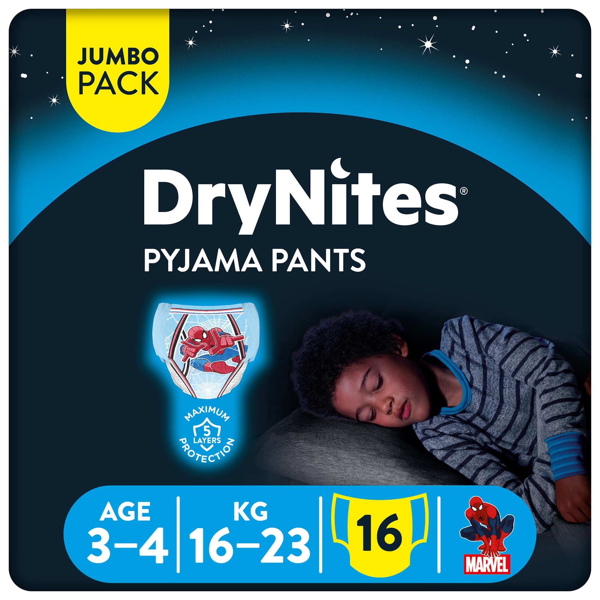 Huggies DryNites Pyjama Pants, 3-4 years, Bed Wetting Diaper, Boy, 12-21 kg, Jumbo Pack, 16 Pants