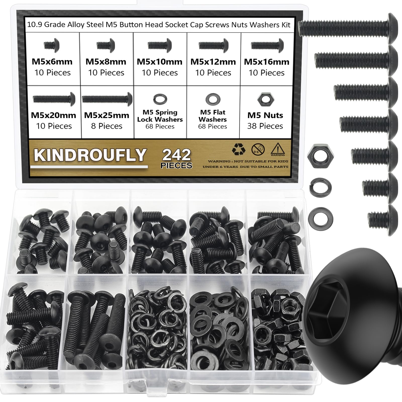 242 Pieces Black M5 x 6/8 /10/12 /16/20 /25mm Button Head Socket Cap Screws Nuts Washers Assortment Kit, 10.9 Grade Alloy Steel