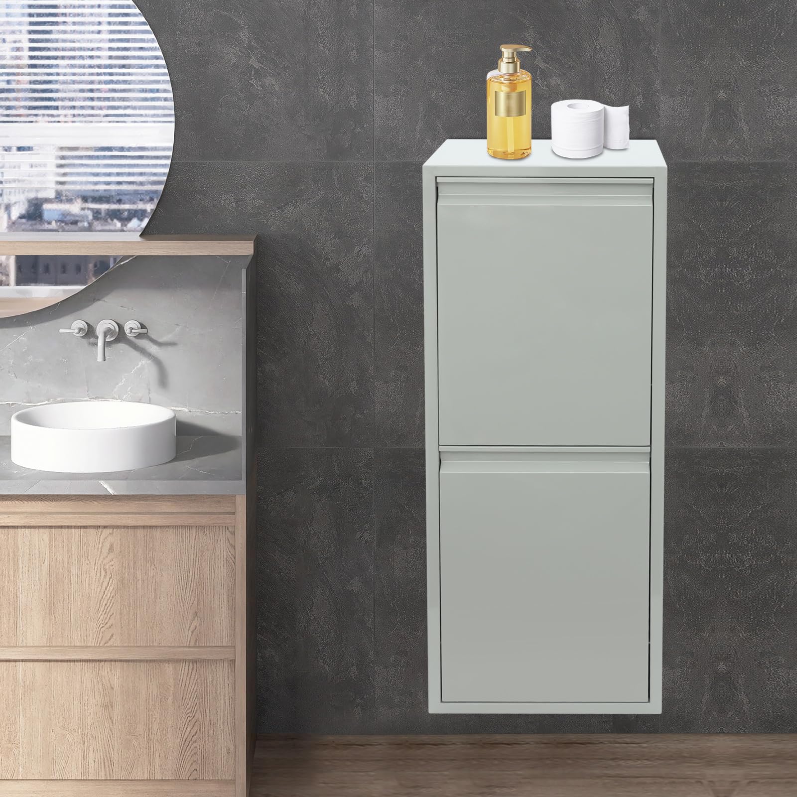 Abfall- und Recycling-Schrank mit 2 Eimern, 15 Gallonen, Grau/Blau/Grün, Edelstahl und Kunststoff, Kippbare Tür, Modern, 33x25x92 cm