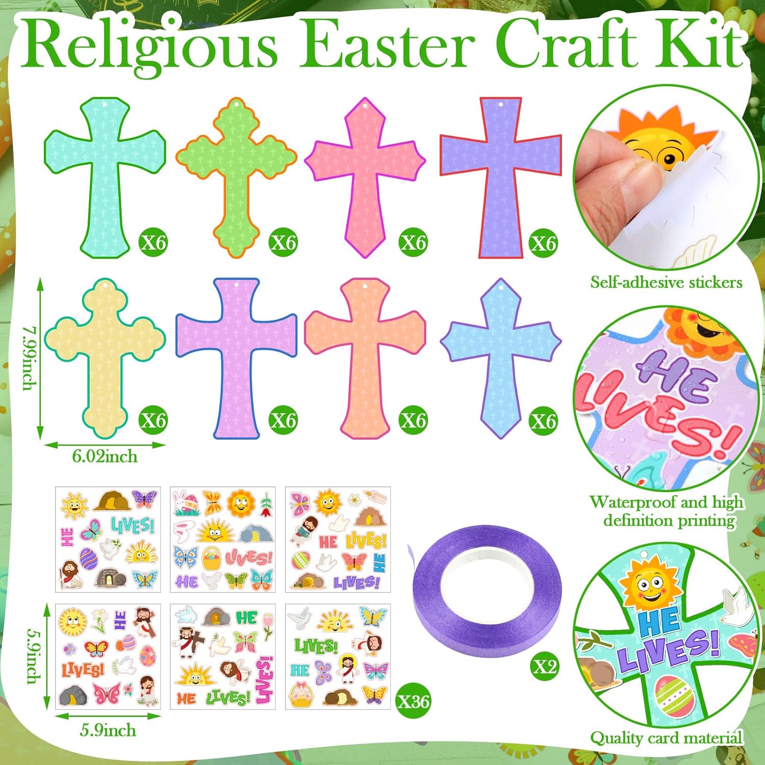 Watersay 48 Set Religious Easter Cross Craft Kit for Kids He Lives Jesus DIY Christian Crafts Make Your Own Ornament with Stickers for Easter VBS Sunday School Church Home Decoration Art Project