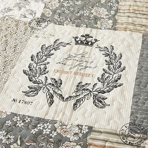 Miniatura 4 de Cmfshape Edredón floral Queen, juego de 3 piezas con patrón de pájaros, colcha ligera para cama de tamaño, cama reversible de granja a cuadros