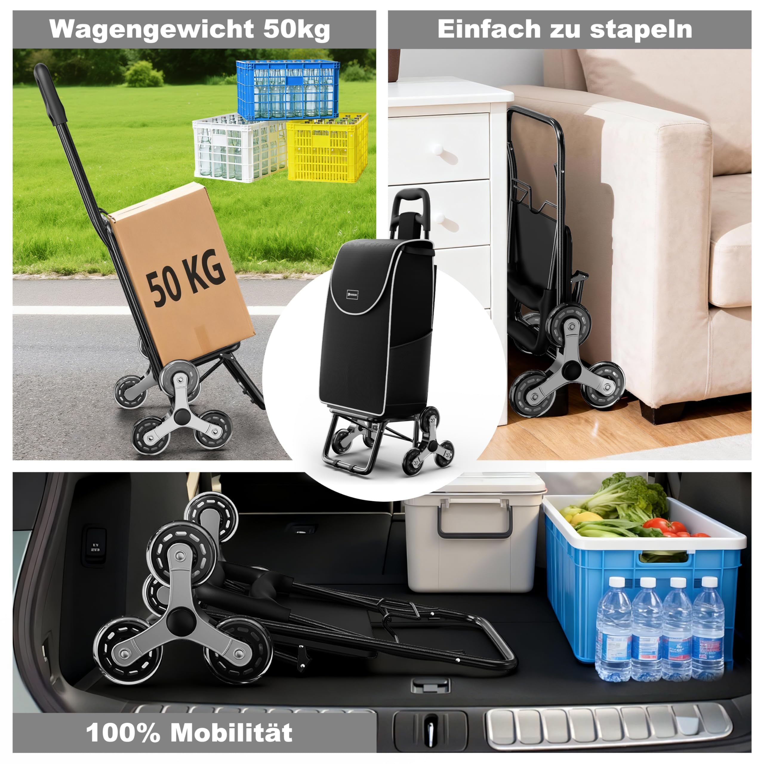 Einkaufswagen Klappbar 56L,Einkaufstrolley Treppensteiger,Trolly Einkaufswagen Klappbar, Hackenporsche mit 6 Räder,Wasserdicht,Bis 50 kg Traglast,faltbar & abnehmbar. (Schwarz, 1 Stück)