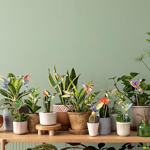 Miniatura 7 de Huwena 12 piezas de pintura de diamante de colibrí para decoración de jardín, estacas de pintura de diamante, estacas de jardín, estacas de arte de