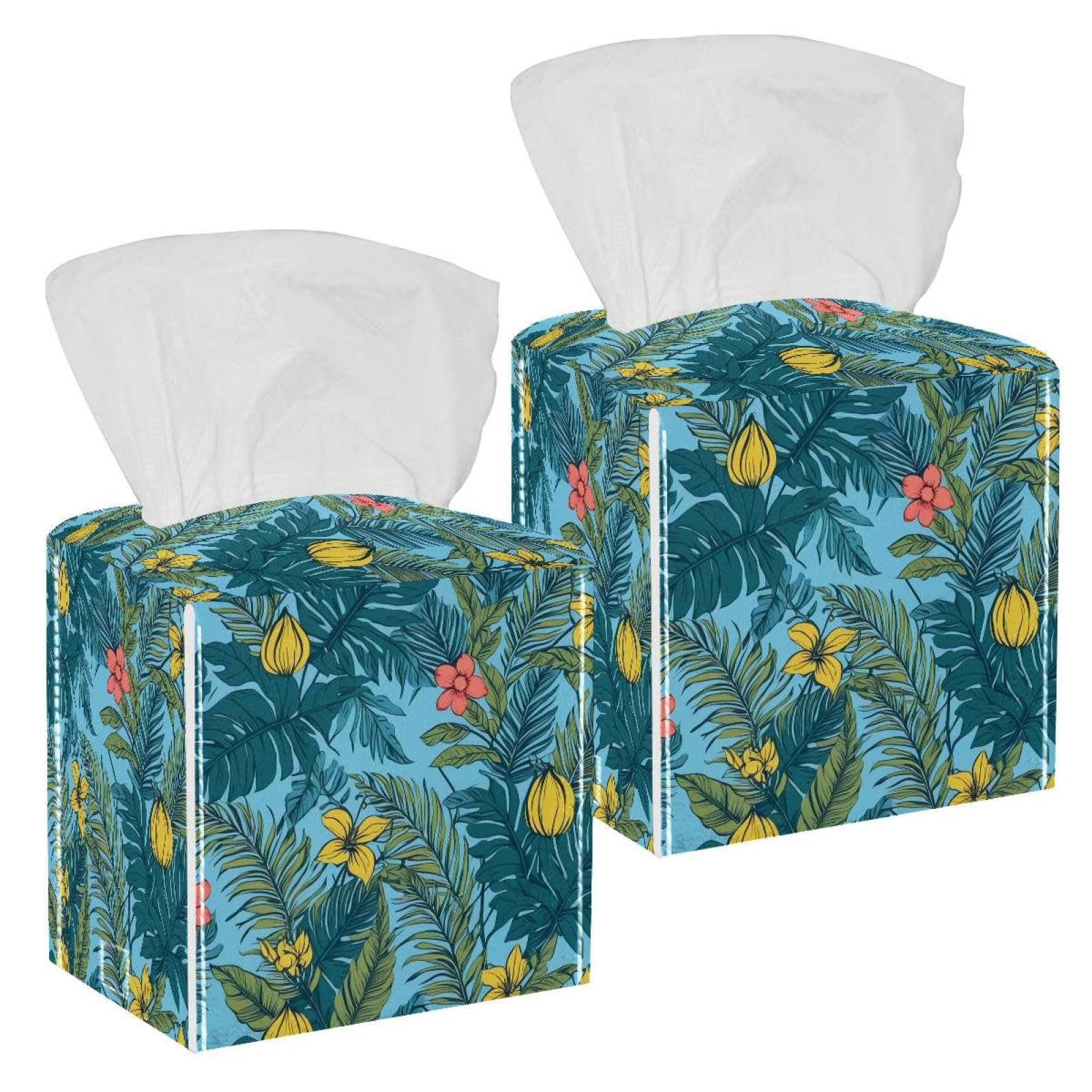 Artistic Leaves Tissue Box Cover, 2 Pack PU Leather Square Facial Tissue Dispenser Box holder for Home Office Car