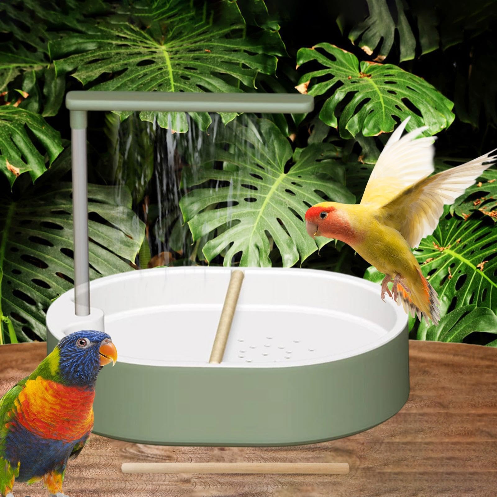 Ducha para loros con 26 salidas de agua, bañera automática para pájaros, suministros USB multifunción con bomba de 5 W, bañeras para pájaros para cockatiel, amigos, tortolitos, verde