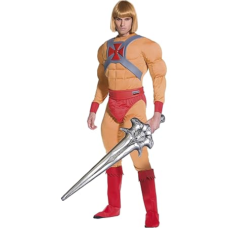 He-Man/Prince Adam Costume Muscle Jumpsuit with Belt Arm Cuffs Overboots and Inflatable Sword Large, l, beige