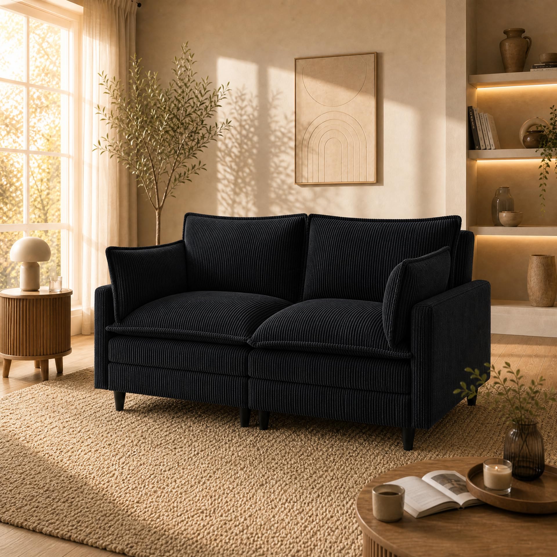 APICIZON Sofa z funkcją spania, kanapa chmurowa, do salonu, modułowa sofa, sofa 2-osobowa, boczna torba do przechowywania magazynków, czarna
