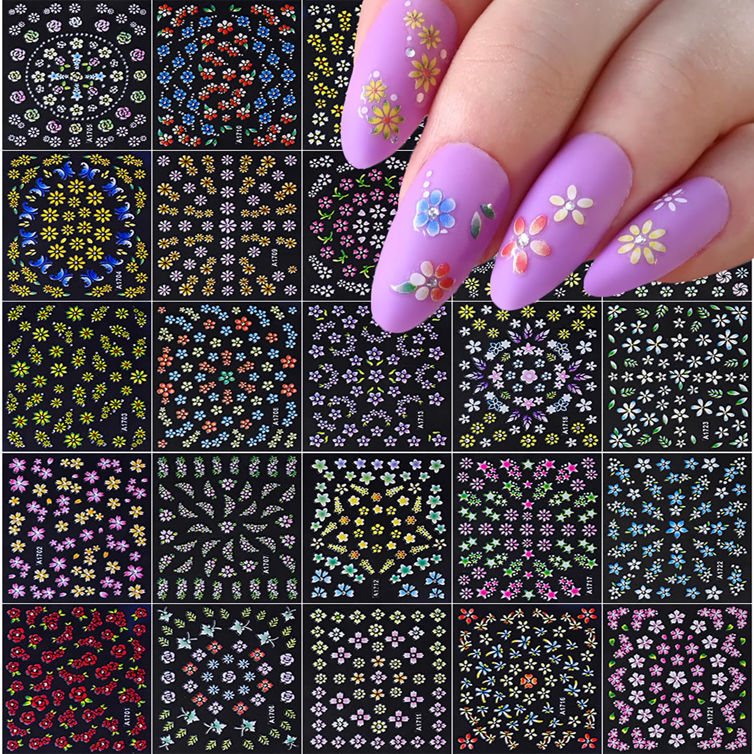 Photo 1 of 24 Sheets Flower Nail Art Stickers Colorful Flowers Nail Decals Spring Nails Designs Cute Daisy Nail Stickers 3D Self Adhesive Nails Art Supplies Floral Sticker for Acrylic Nails DIY Manicure Decor