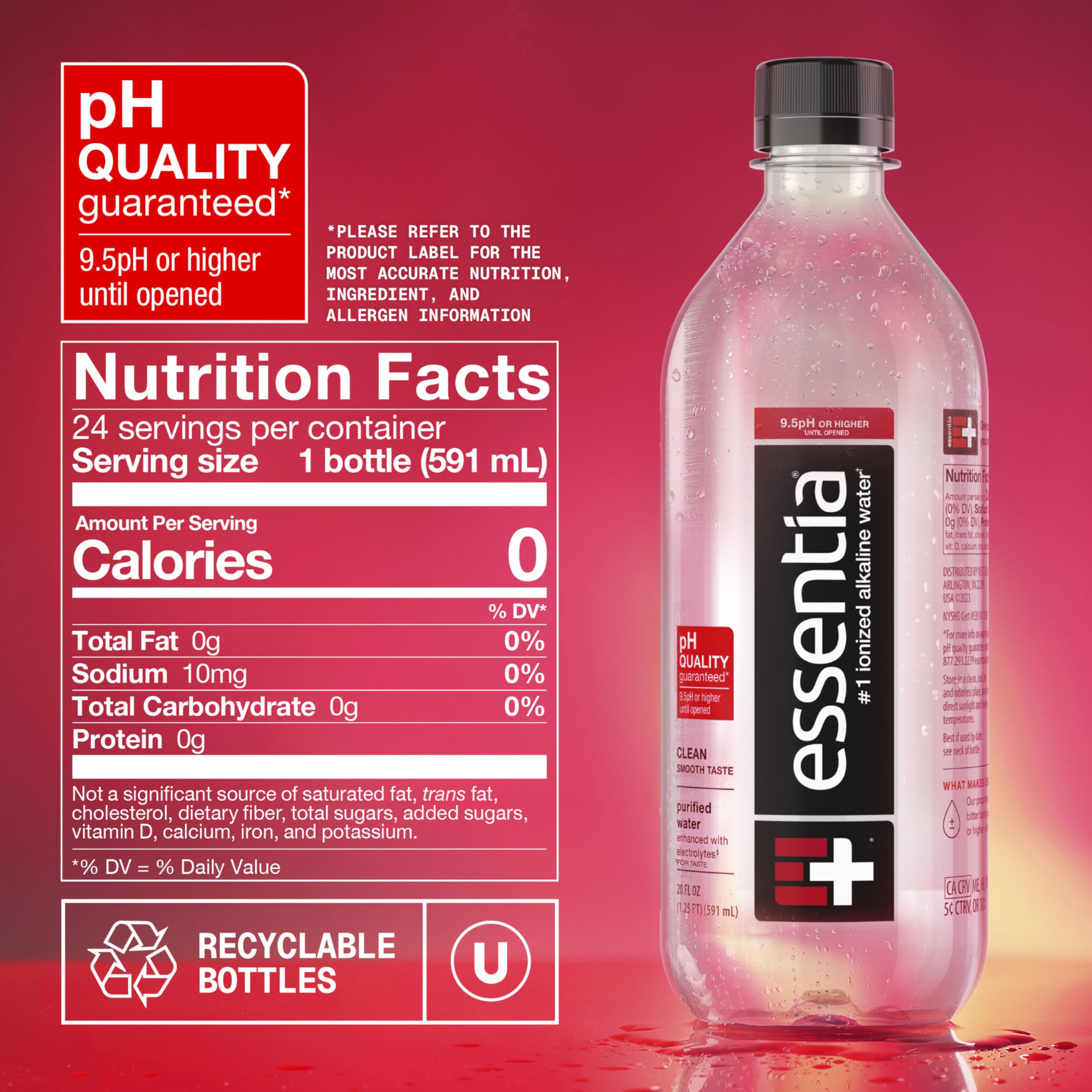 Essentia 9.5 pH Drinking Water, 20-oz. (Count of 24)