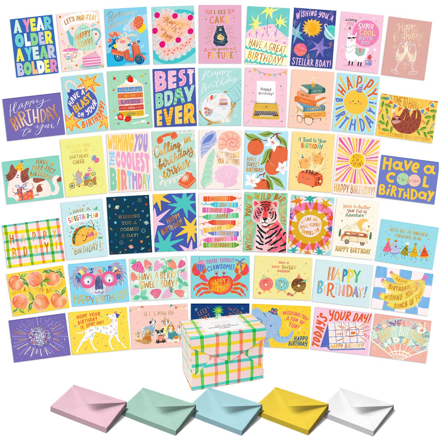 Sweetzer & Orange Happy Birthday Cards with Envelopes and Assortment Box – Variety Set of 50 Assorted Birthday Notes. Perfect Bulk Pack for