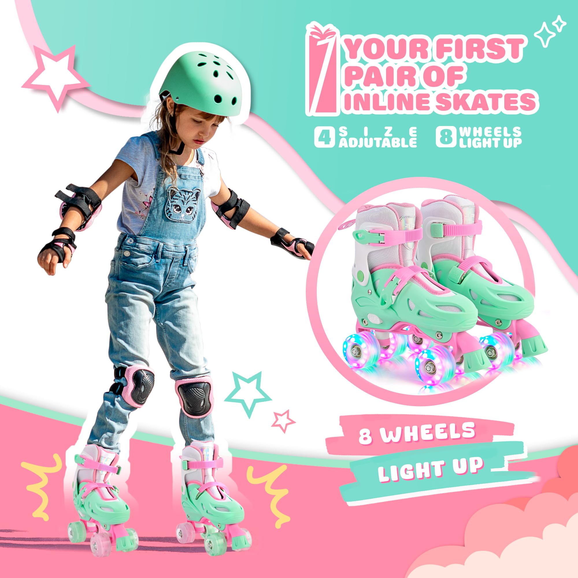 2PM SPORTS 4 Size Adjustable Light Up Roller Skates for Girls, Flashing 4 Wheels, Beginner Kids Rollerskates for Age 5-8 8-12 - Green Small