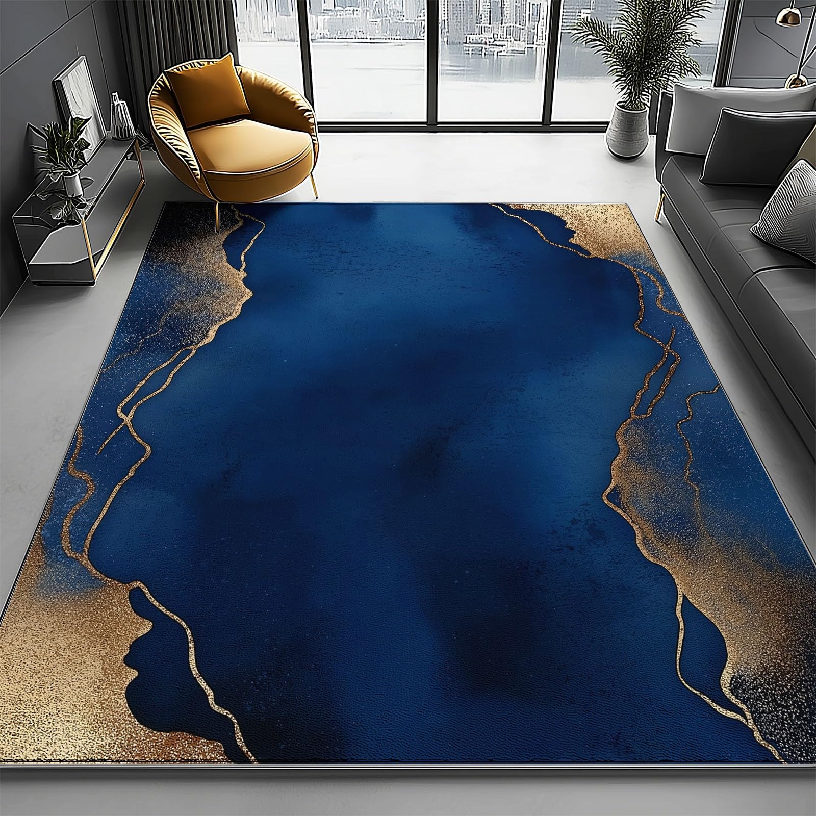Tapis de Salon 140 x 200 cm – Antidérapant, Doux et Épais Lavable en Machine, Motif Bordure Dorée Abstraite – Tapis de Sol pour Chambre, Salle de Séjour, Bleu