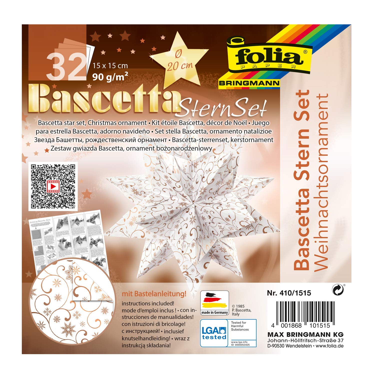 folia 410/1515 Bascetta Star Christmas Ornament Craft Set, White/Copper, 32 Sheets, 15 x 15 cm, Finished Size of Paper Star Approx. 20 cm, with Detailed Instructions (English language not guaranteed),