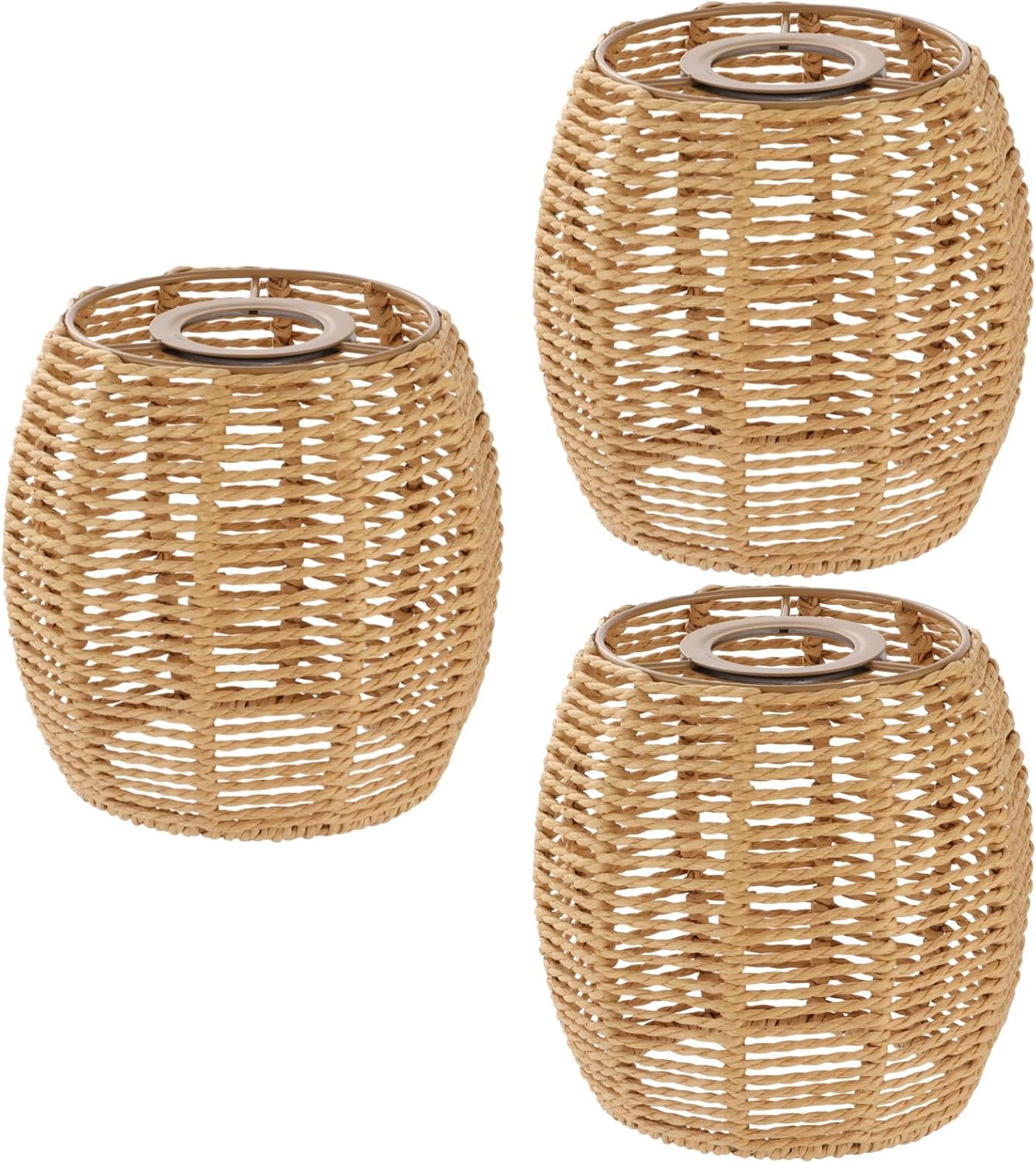 3 Pcs Paper Rope Lamp Shades, 5.5 x 5.9 in DIY Woven Pendant Light Shade, Boho Lamp Shade with Metal Frame, Rustic Brown Lampshade for Bedroom, Living Room, Dining Room