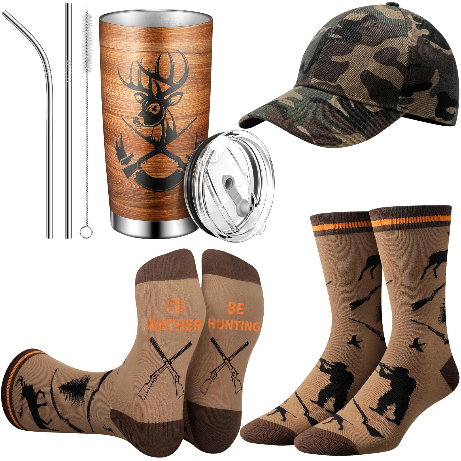 HooLing 3 Pcs Christmas Hunting Gifts For Men I'd Rather Be Hunting Stainless Steel Tumbler Hunting Hat Socks for Men Dad