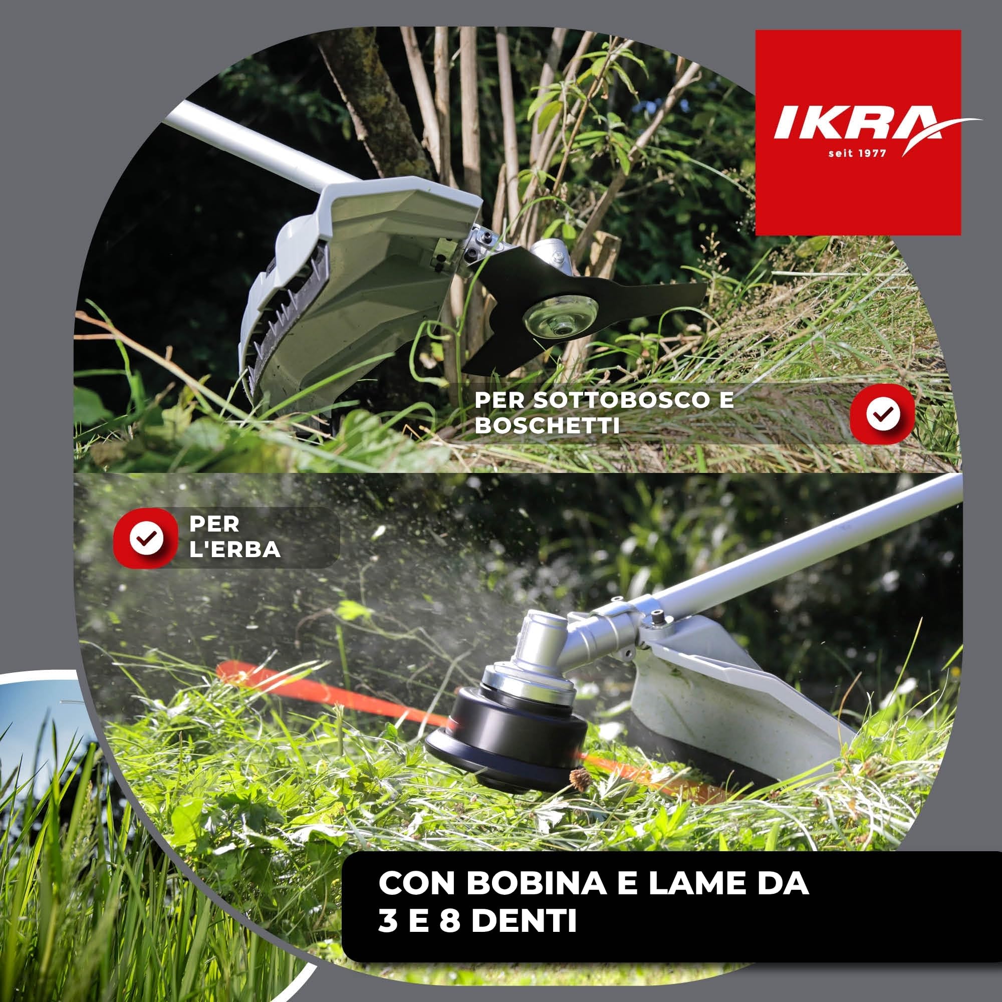 IKRA decespugliatore benzina IBF 4342 con accessori utili, 42,7cm³, 1,25kW | Incl. lama a 3 e a 8 denti, 2 bobine e tracolla, motore a 2 tempi, sistema di avviamento facile, impugnatura a manubrio