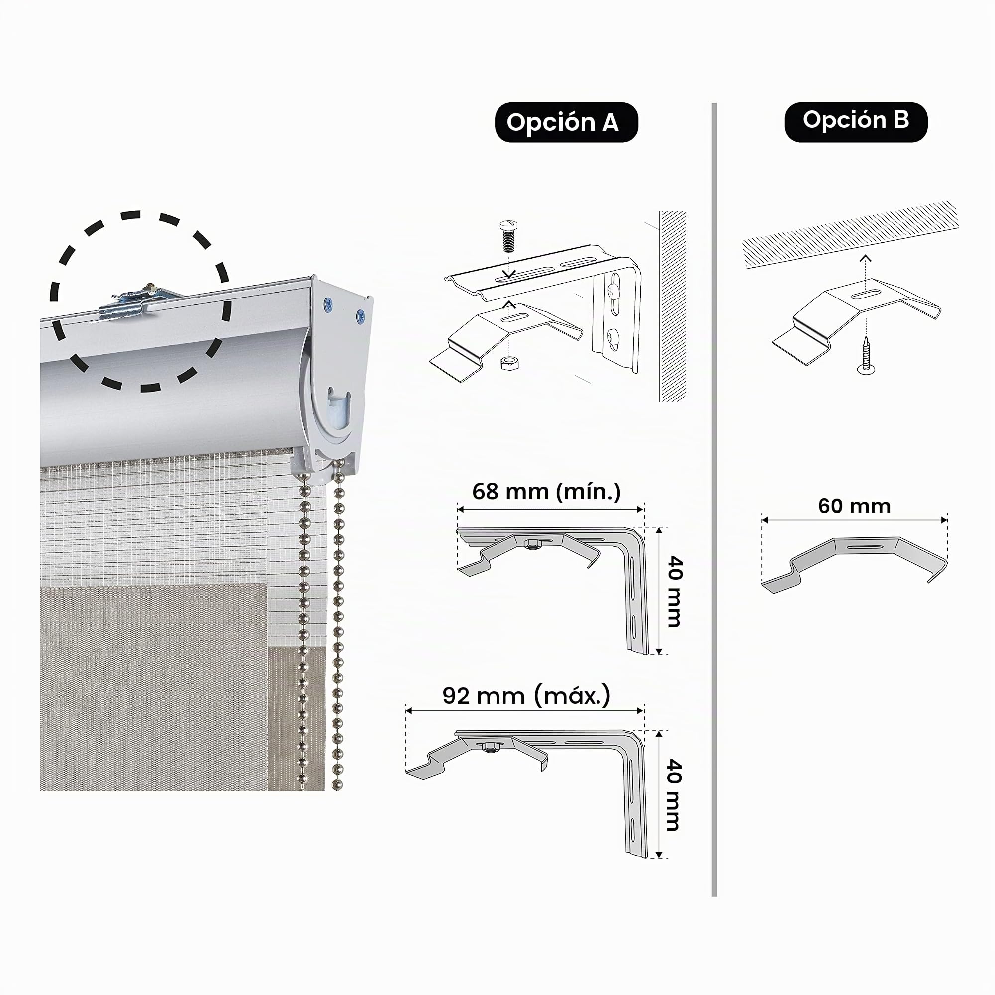 Estores Noche y Día Premium Alta Gama Fácil instalación 60x250 cm Plata | Estor con galería redonda y cadeneta en aluminio de Máxima Calidad para ventanas. El ancho de la tela mide 58 cm StoresDeco