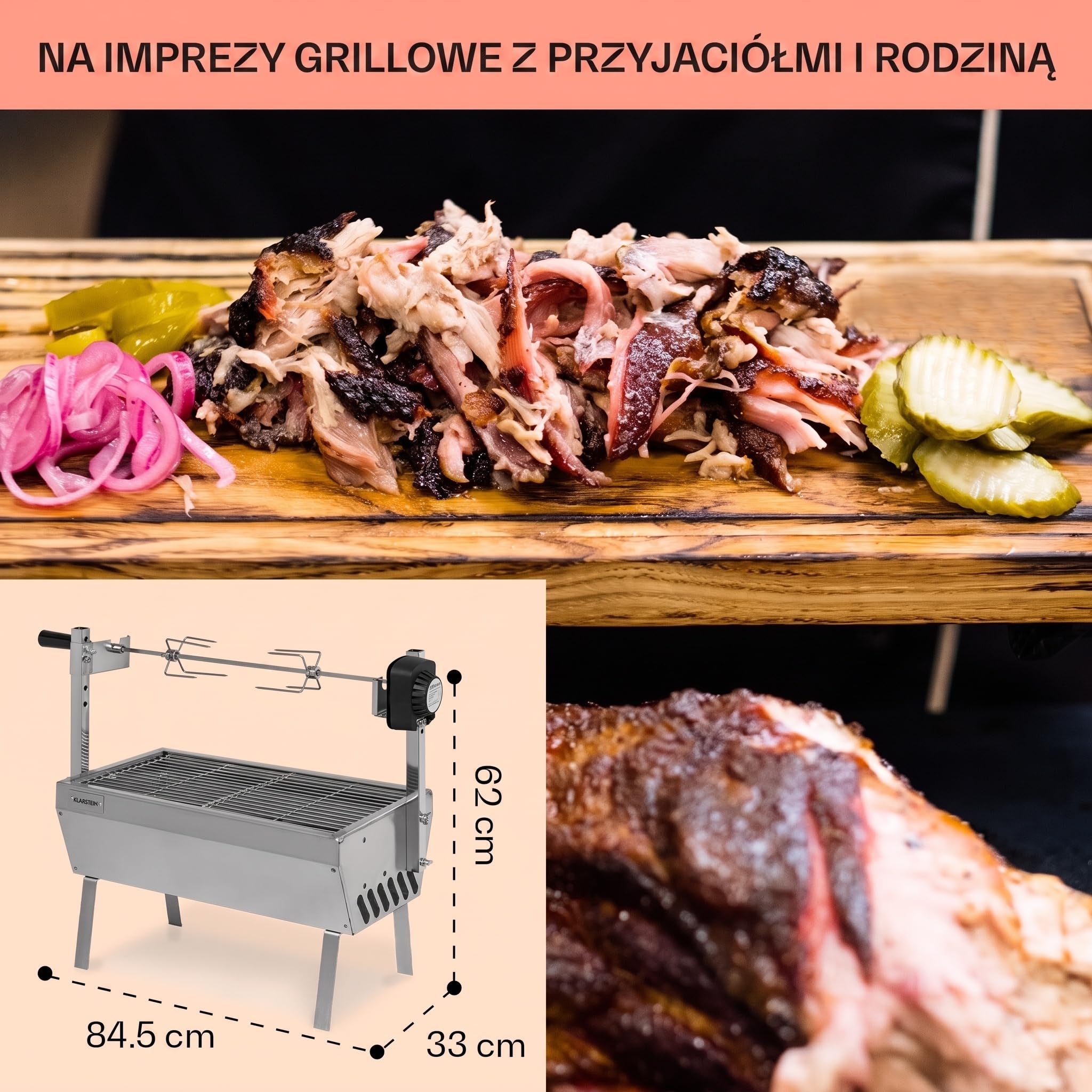 Klarstein Grill rożnowy 2w1 z silnikiem, Mini grill z rożnem, Elektryczny rożnowy do kurczaka i prosiaka, z rusztem ze stali nierdzewnej, węglowy na kółkach