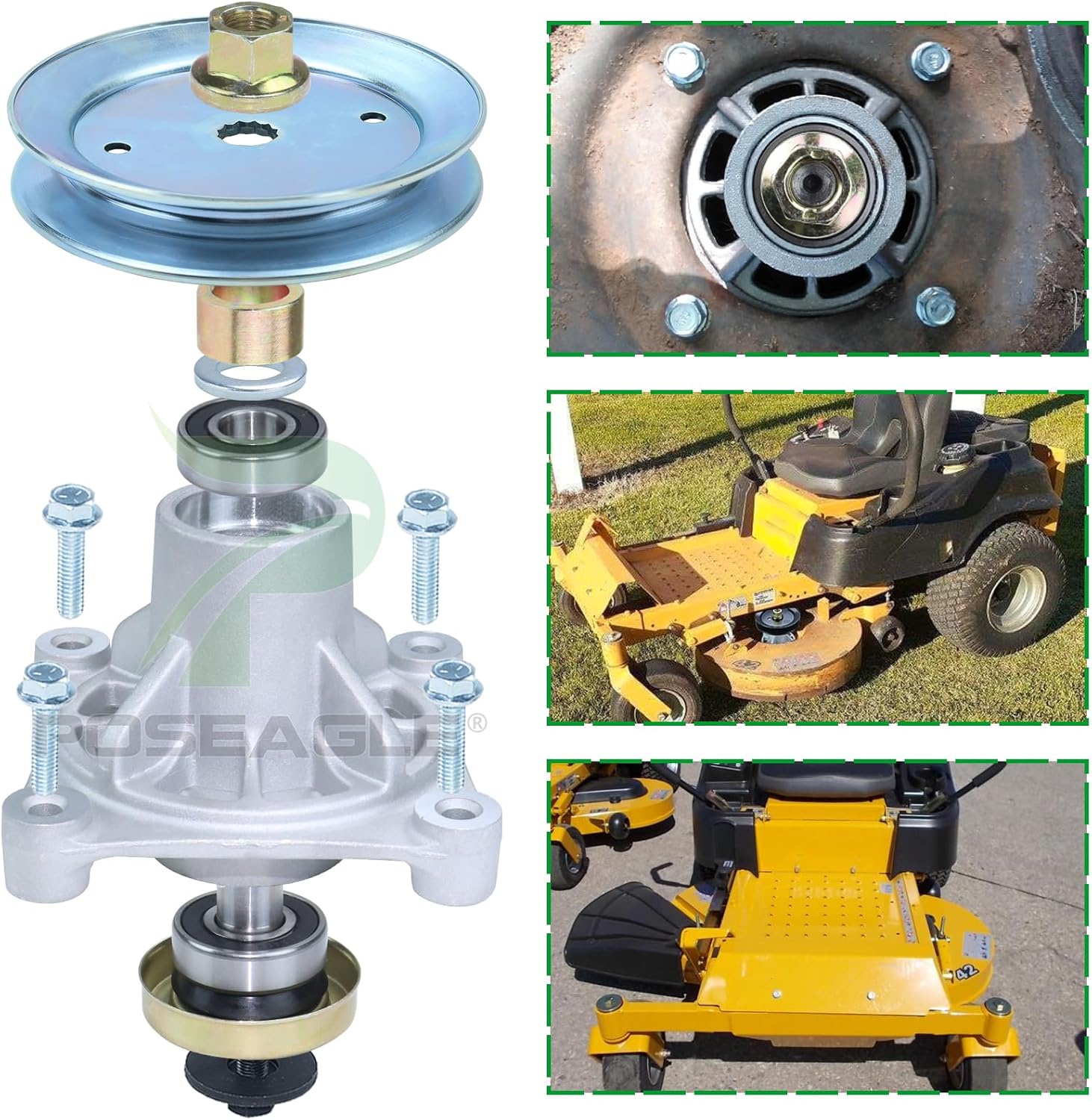 3 Pack 604214 Spindle Assembly with 603988 Spindle Pulley 604219 604231 605512 Idler Pulley 607162 Belt Replace Hustler 604214 Spindle Assembly, Hustler Raptor 52 inch Deck Spindle 604214