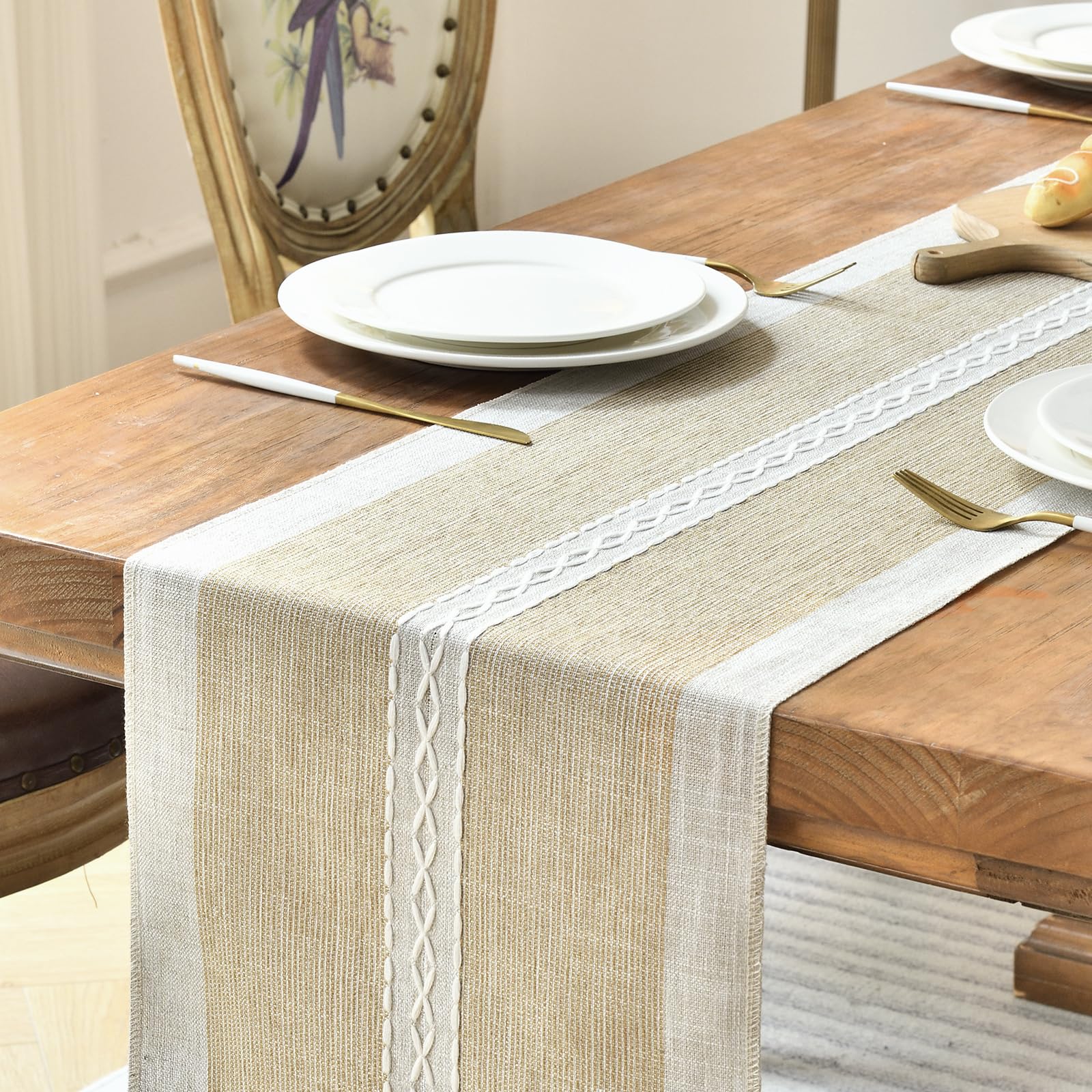 Wracra Embroidery Cotton Linen Table Runner Indoor Outdoor Farmhouse Style Coffee Table Runner 90cm with Hand-tassels for Party Dining Kitchen Decorations(Coffee - Image 4