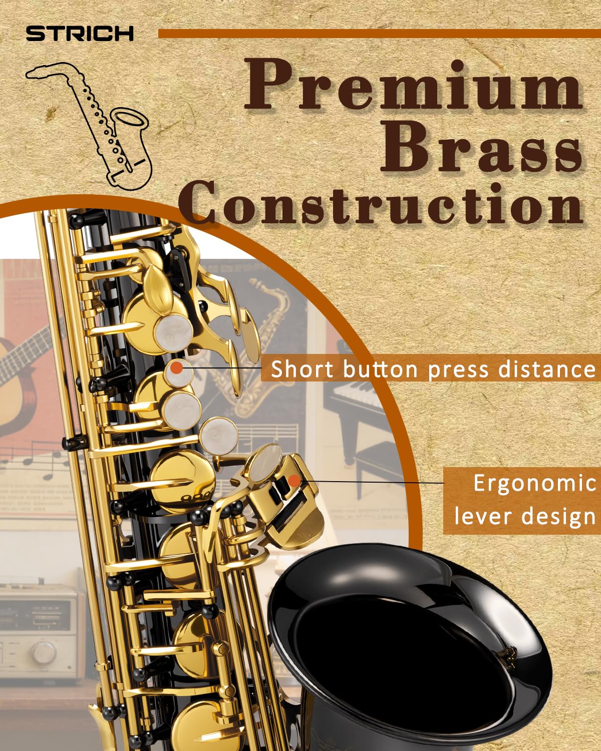 STRICH Eb-Altsaxophon – Einsteiger-Set für Altsaxophon mit Hartschalenkoffer, Ständer, Tragegurt, Mundstück und Blättern für Schulorchester und das Üben zu Hause, SSA-31B, schwarz