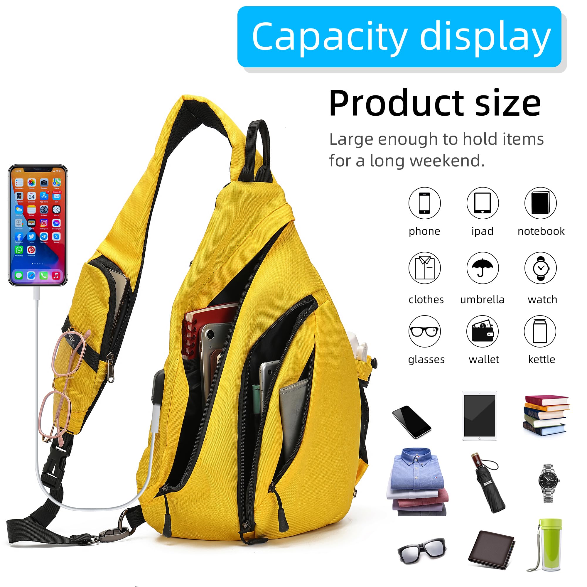 TurnWay Bolso bandolera impermeable con puerto de carga USB para viajes, senderismo, ciclismo