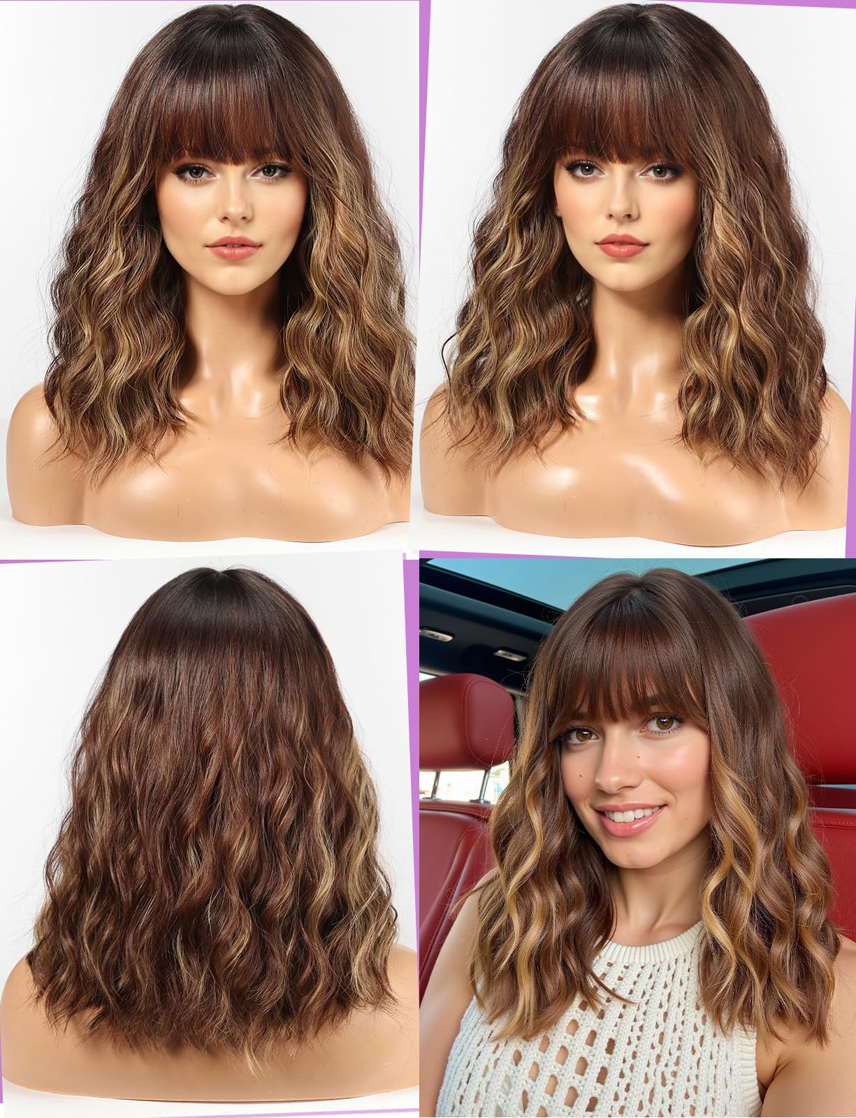 WOKESTAR Bob Wigs With Neat Fringe, Wavy Synthetic Wigs for Women Mixed Brown with Highlights Color, 22 inches - Image 3