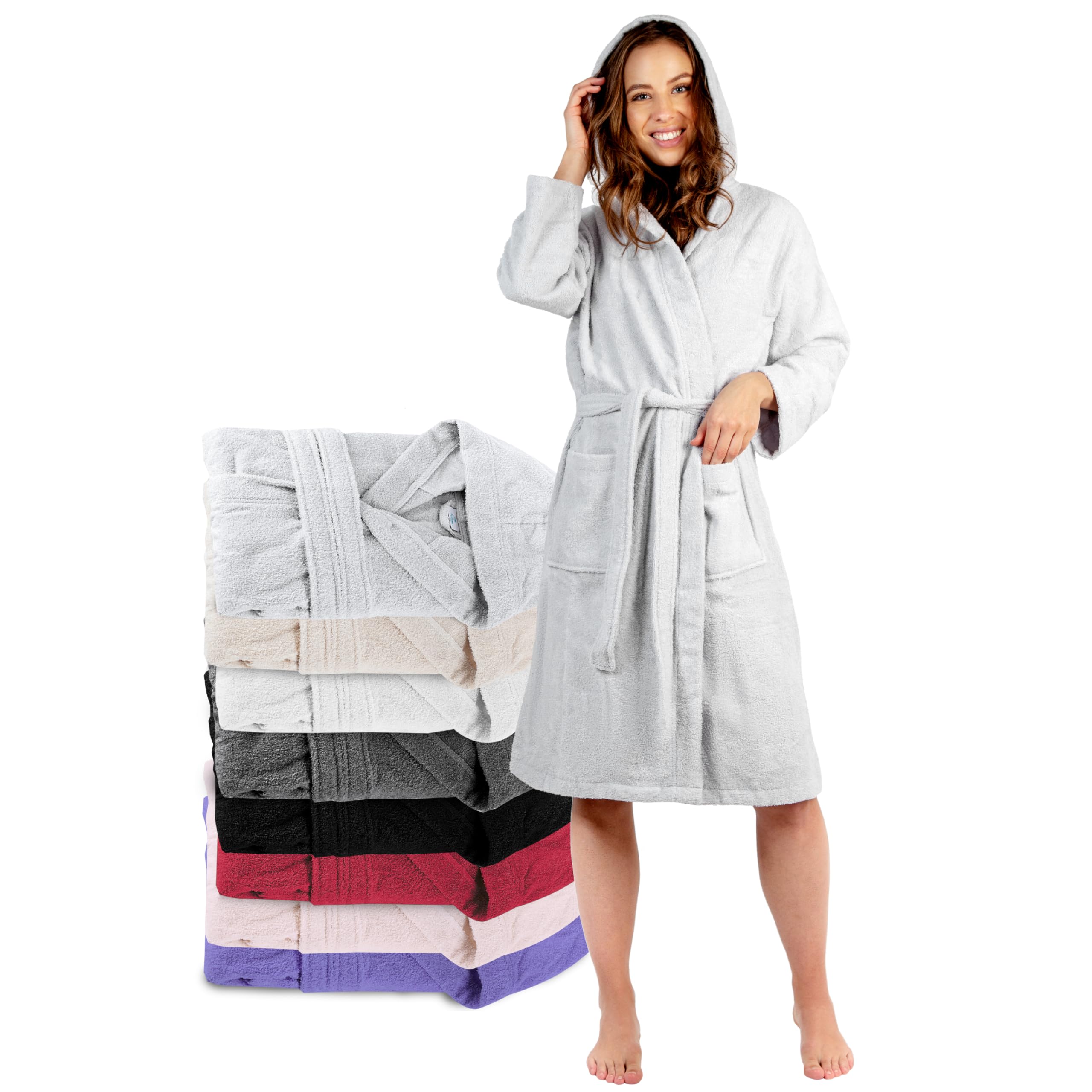 Twinzen Accappatoio per Donna con Cappuccio in Spugna Certificato Oeko Tex - 2 Tasche, Cintura - Vestaglia - per Uscire dalla Doccia, Assorbente e Confortevole