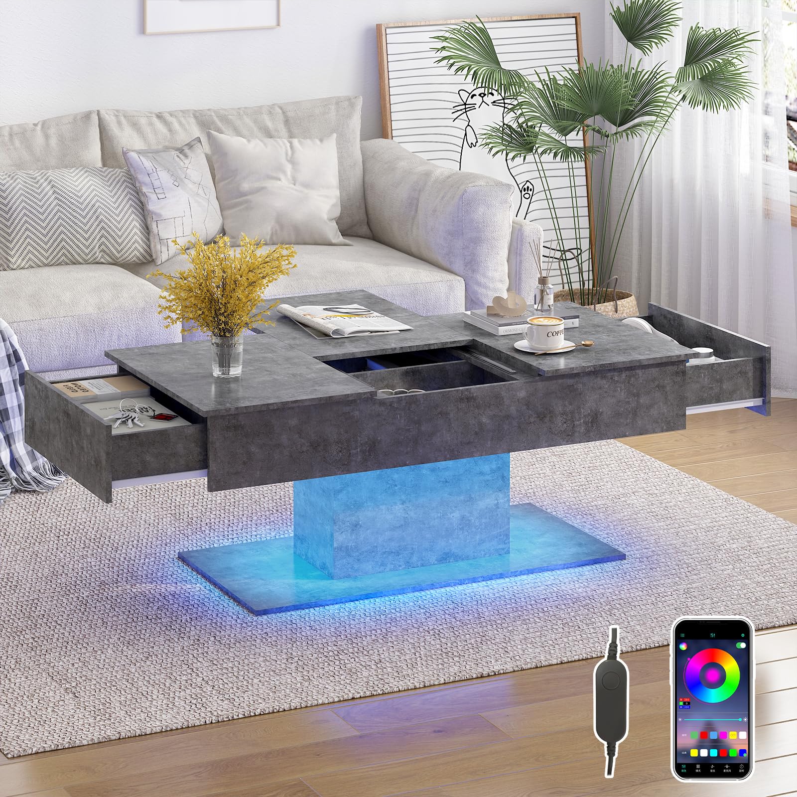 LED Coffee Table with Hidden Storage&2 Storage Drawers Living Room Table — image 1