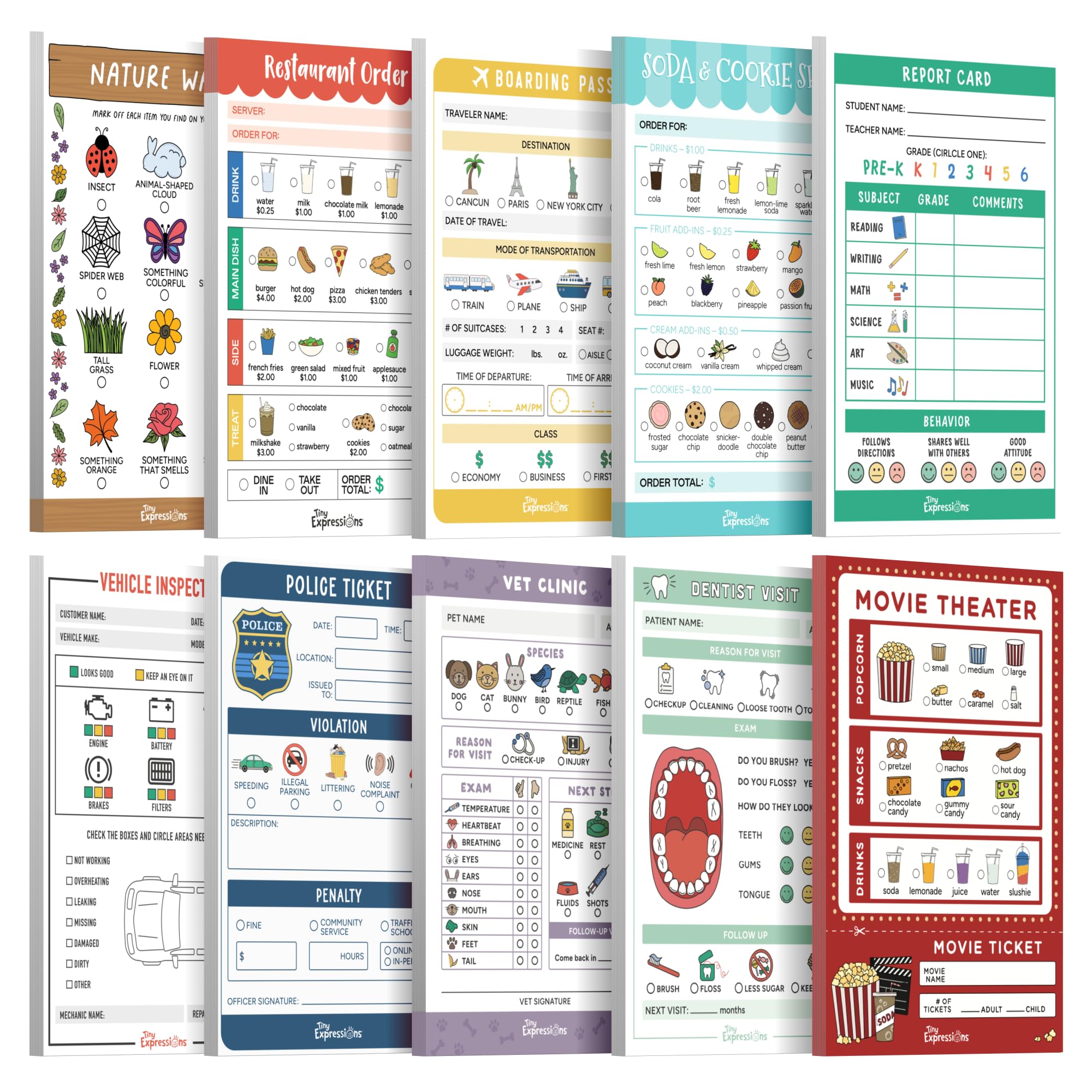 Tiny Expressions Pretend Play Notepads - 10-Pack Kids Play Pads - 40 Pages Each for Imaginative Role Play