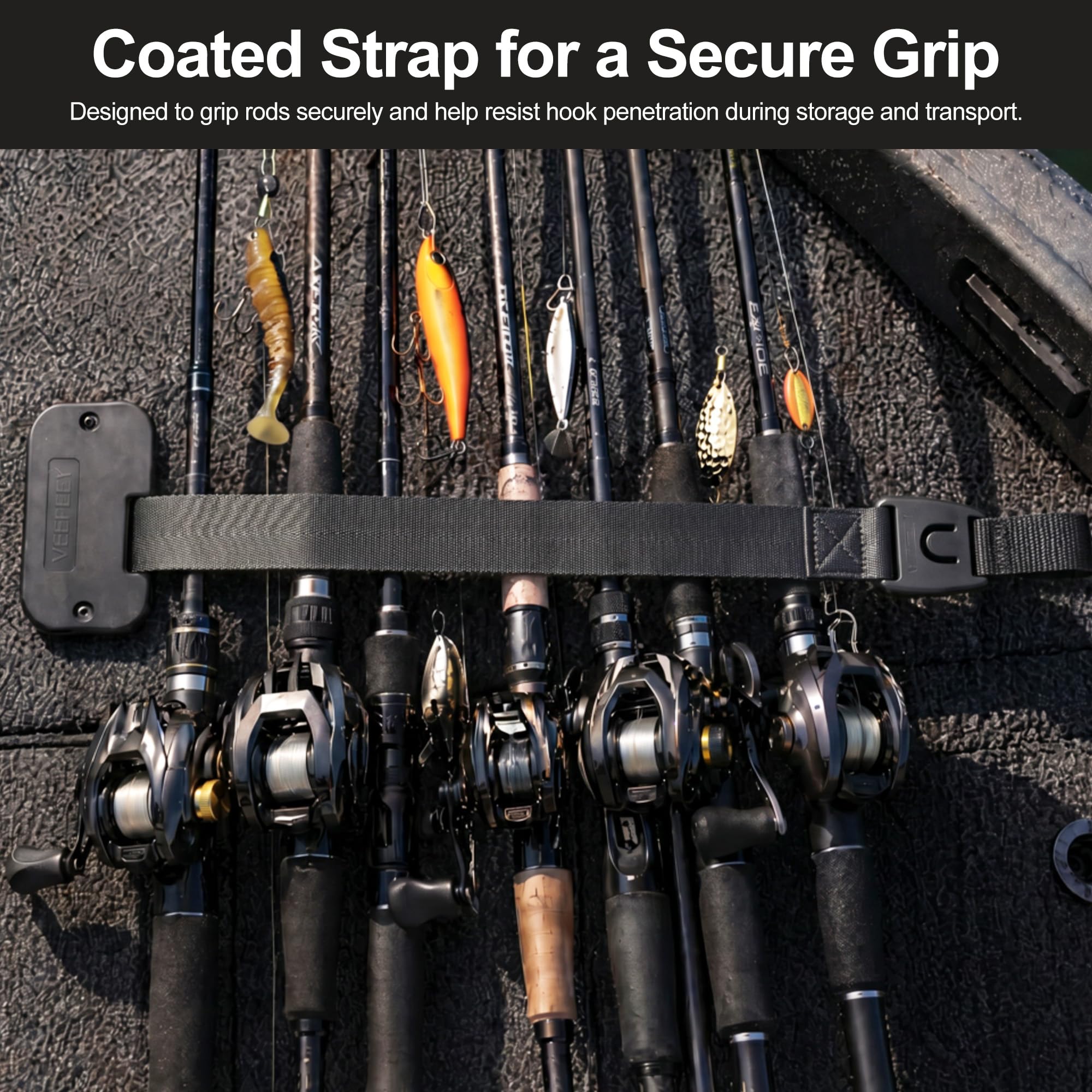 1P Self-Retracting Rod Strap for Boat Deck, Secure Fishing Rod Holder Black