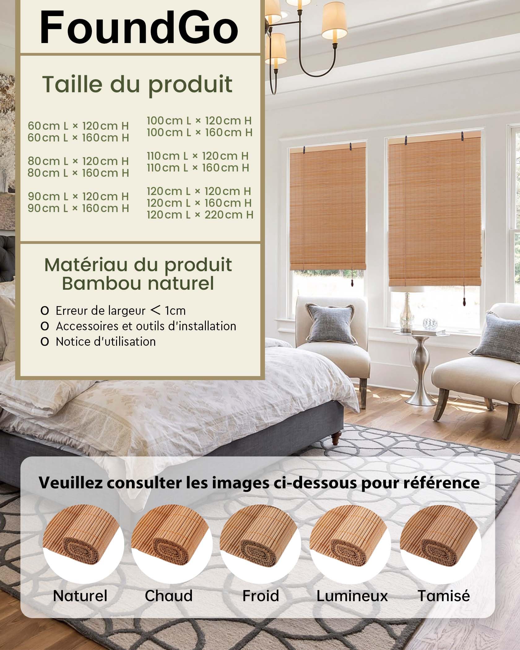 FoundGo Stores en bambou sans perçage - 100 x 120 cm (l x H) - Stores en bois rétro - Stores romains en bambou enroulables - Stores filtrant la lumière pour fenêtres d'intérieur